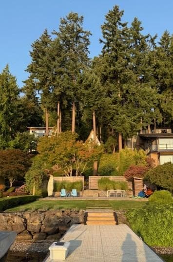 View looking back towards the house from the lake at sunrise.