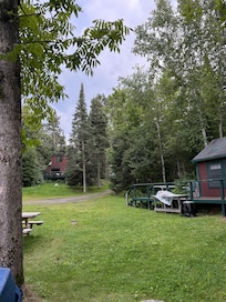 View from the fire pit to the main cabin