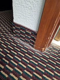 Piles of dirt along wall where vacuum don't get.