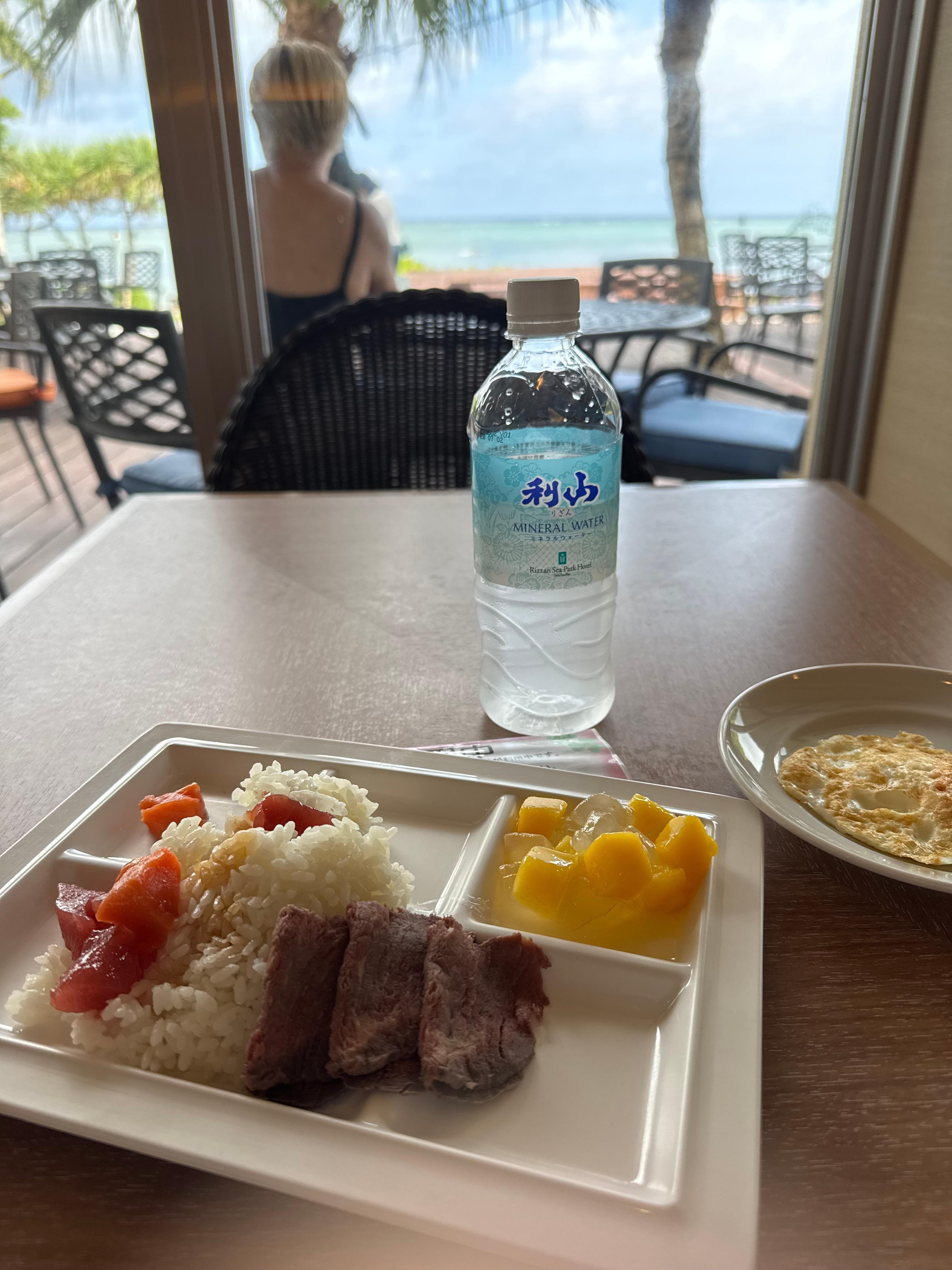 View of breakfast buffet by the ocean.