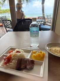 View of breakfast buffet by the ocean.
