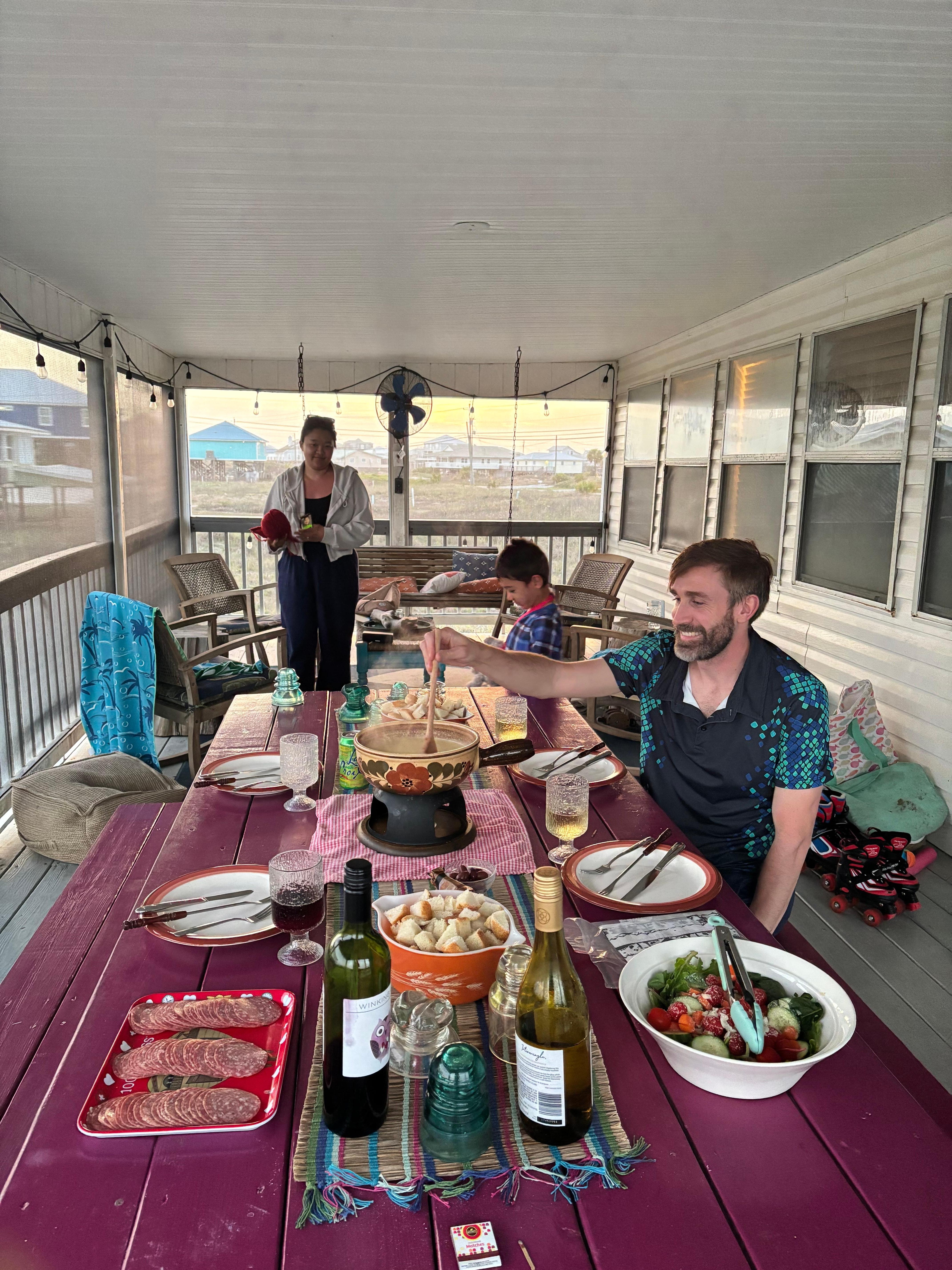 I brought dishes to make a cheese fondue on the porch one night!