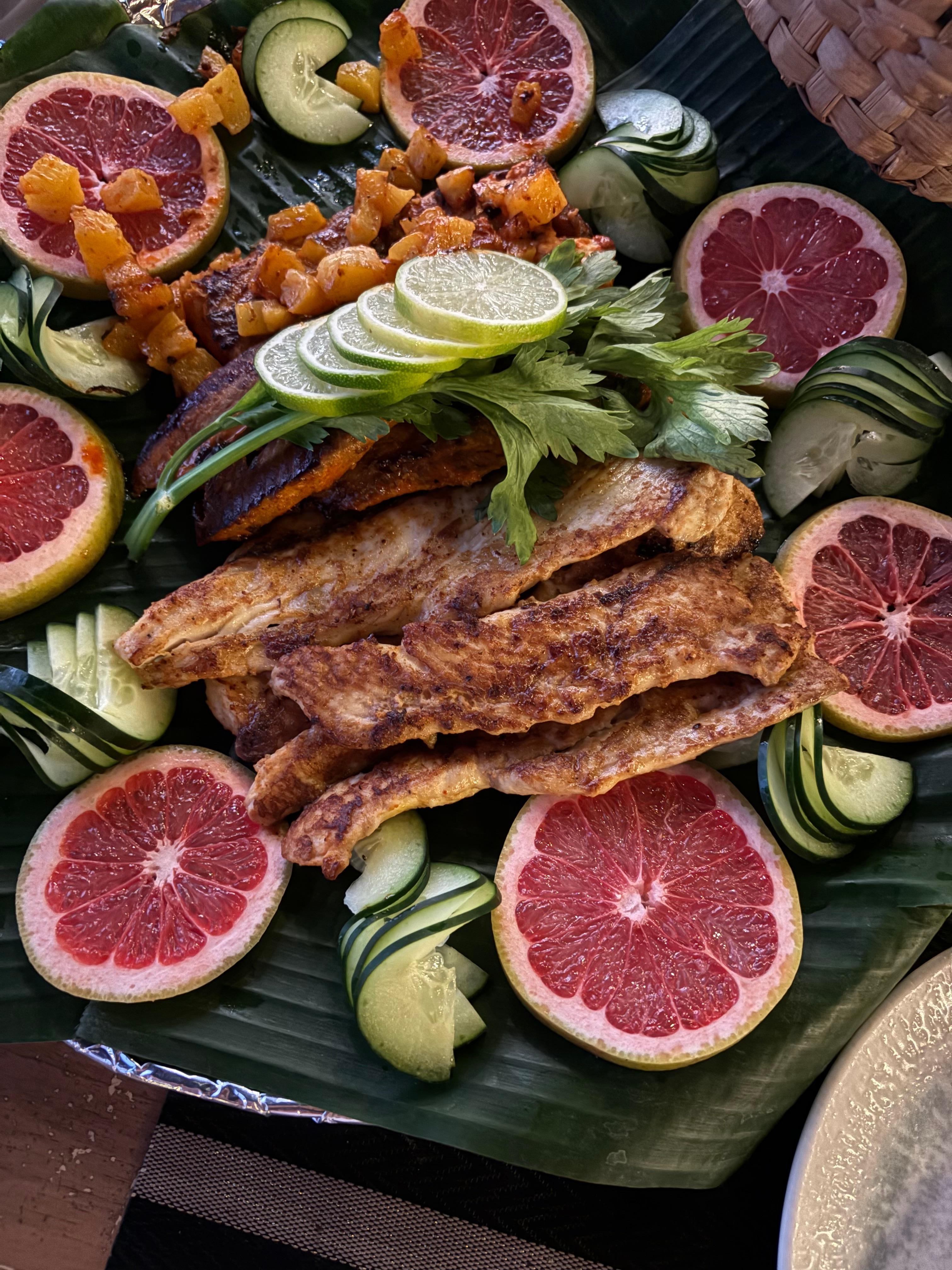 Fish dinner prepared by Chef Mario from our fishing trip .