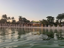 View of the beach and hotel from the water.