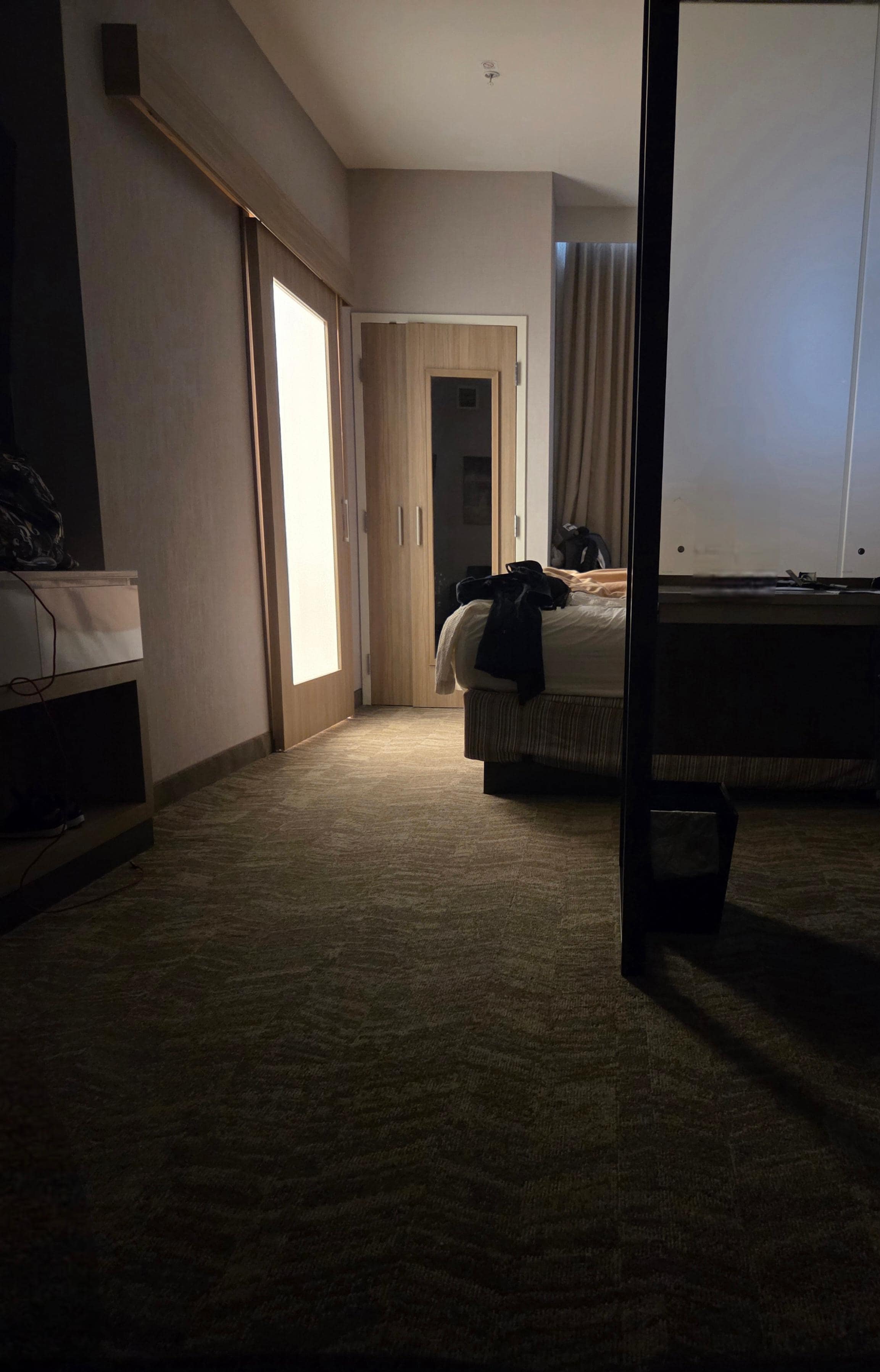 Bathroom light through door panel and lights up the sofa bed area as well.