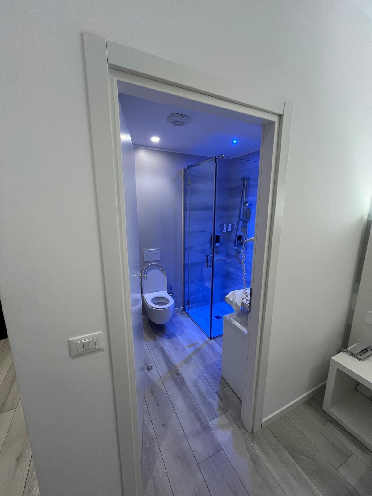 Shower room with toiletries (hairdryer fixed to wall near mirror)