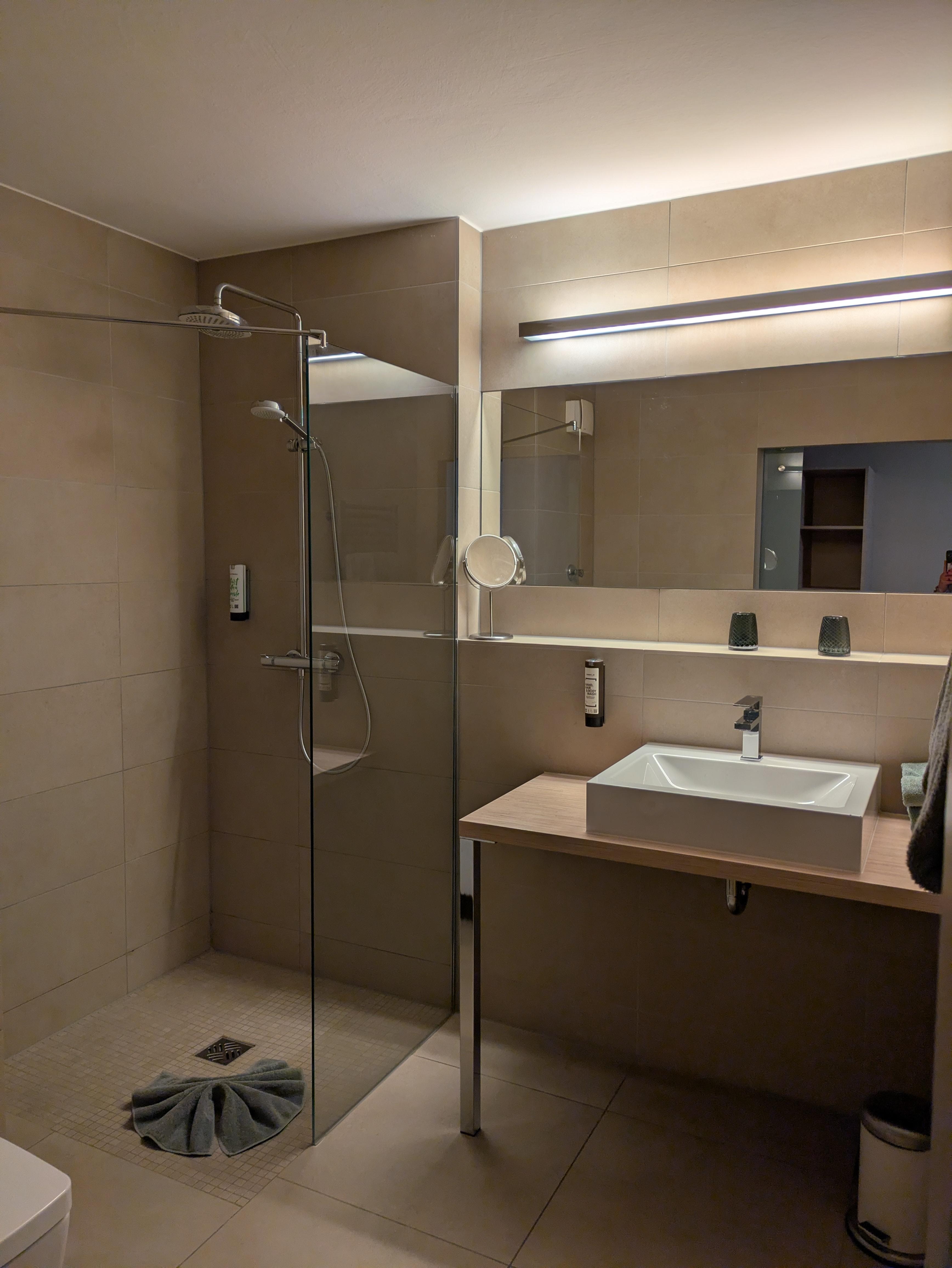 Großes Bad mit offener Dusche.