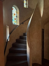 Old world charm with leaded hand-blown glass rondels in the original section of the mansion