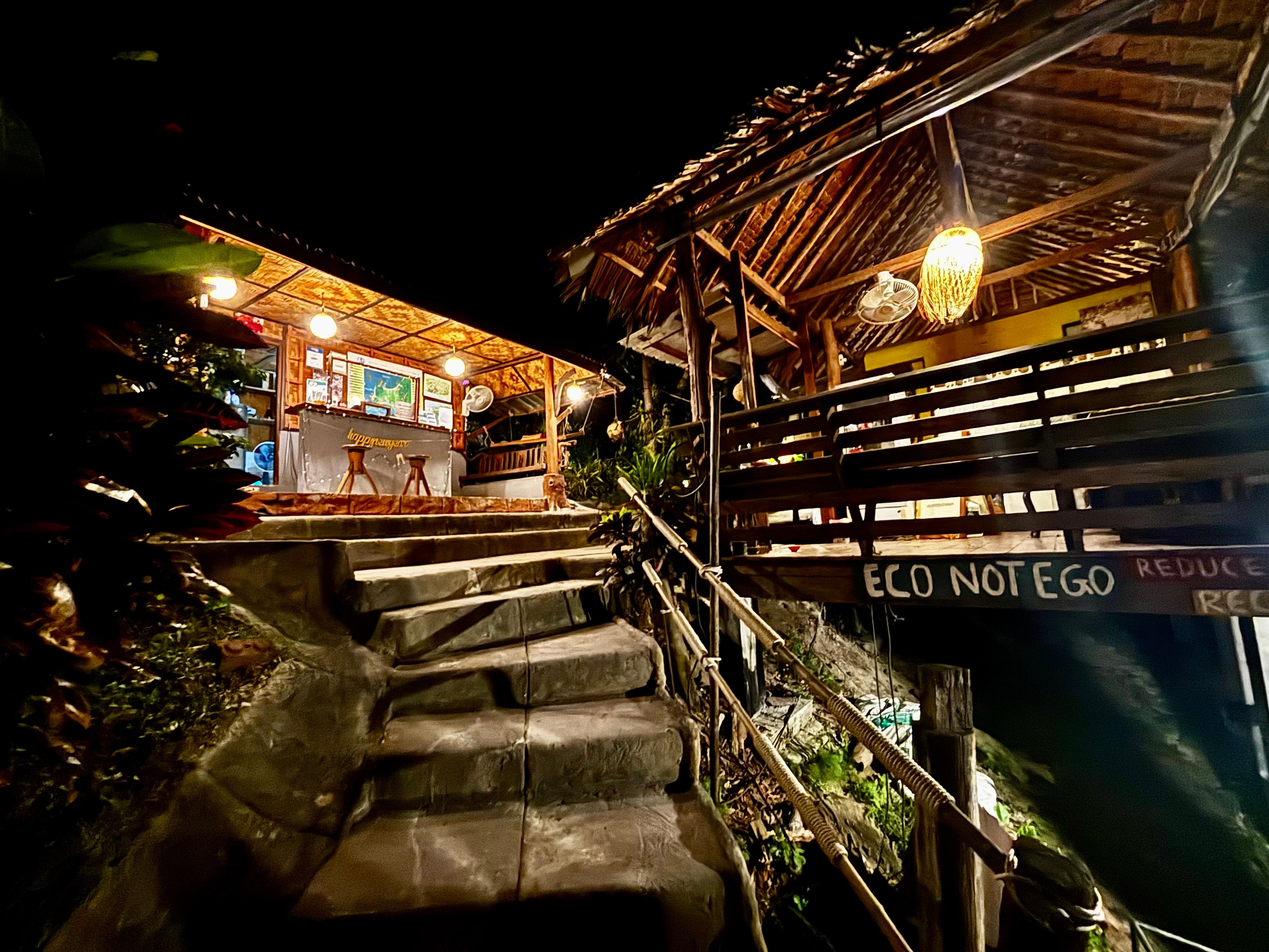 Night view up the last few steps to reception 