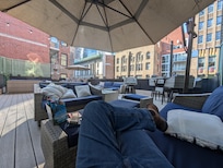 Nice rooftop area, it's not a bar. You can purchase one of 4 or 5 items from reception but you may wish to bring you own.