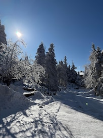 A view from the exit to the village looking toward Split Rock.