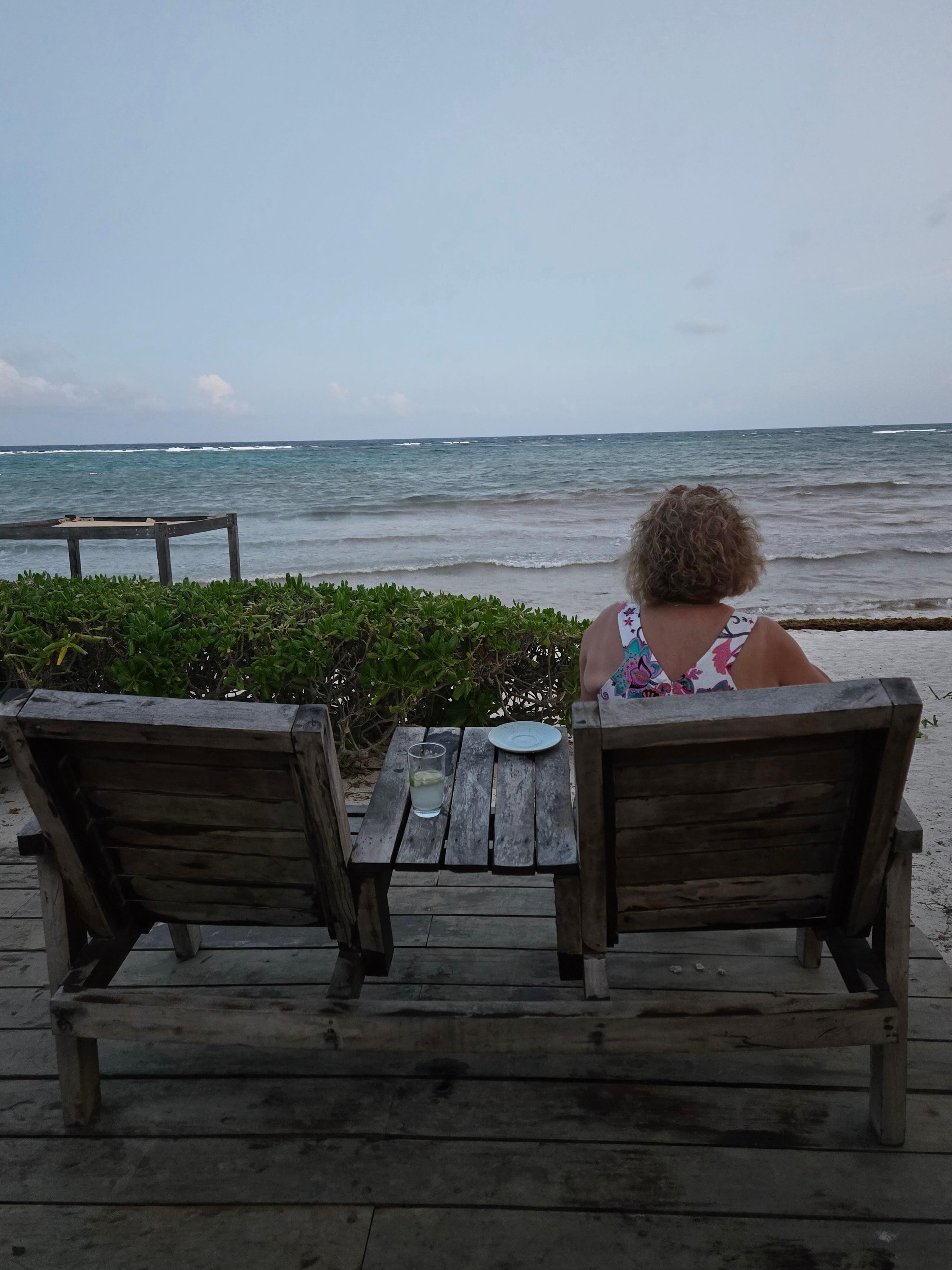 Sitting area along the beach at night