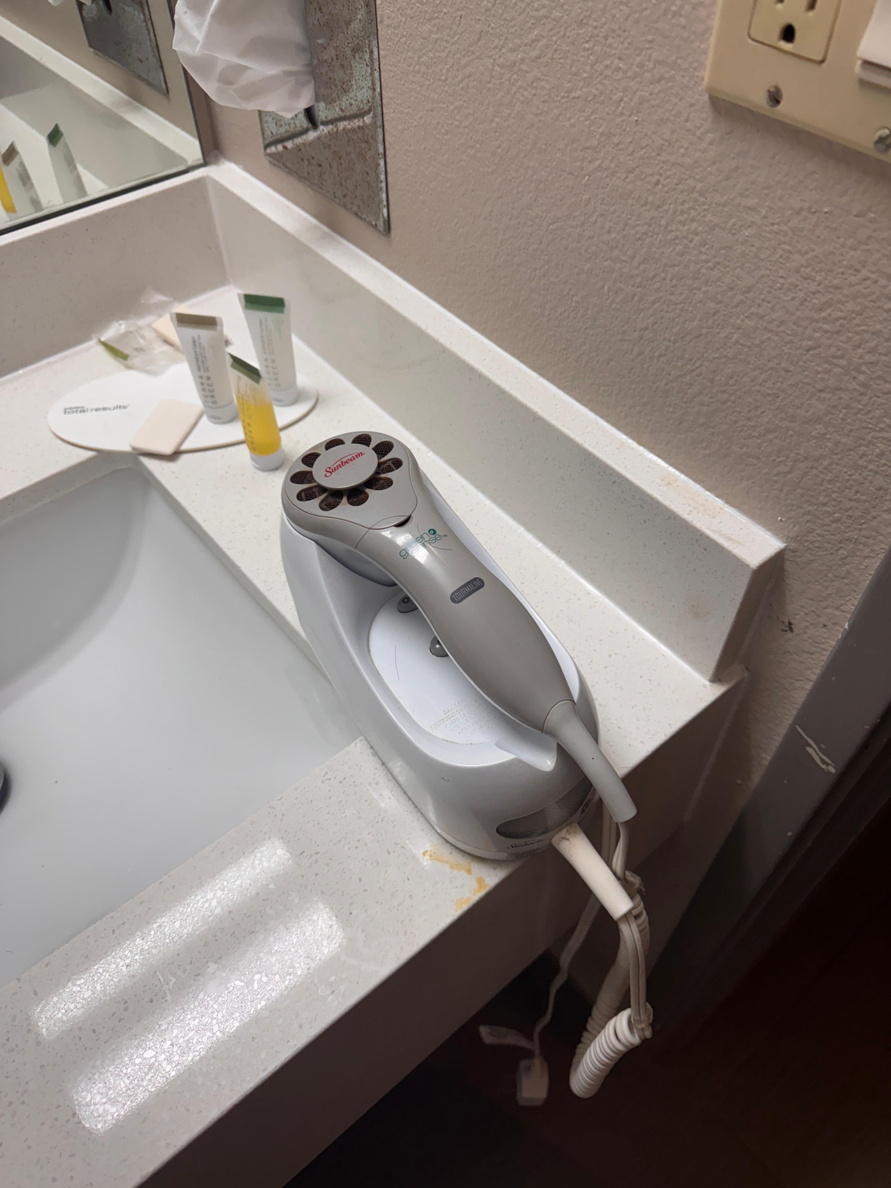 "Jerry Rigged" Hair Dryer I had to get from Front Desk. 