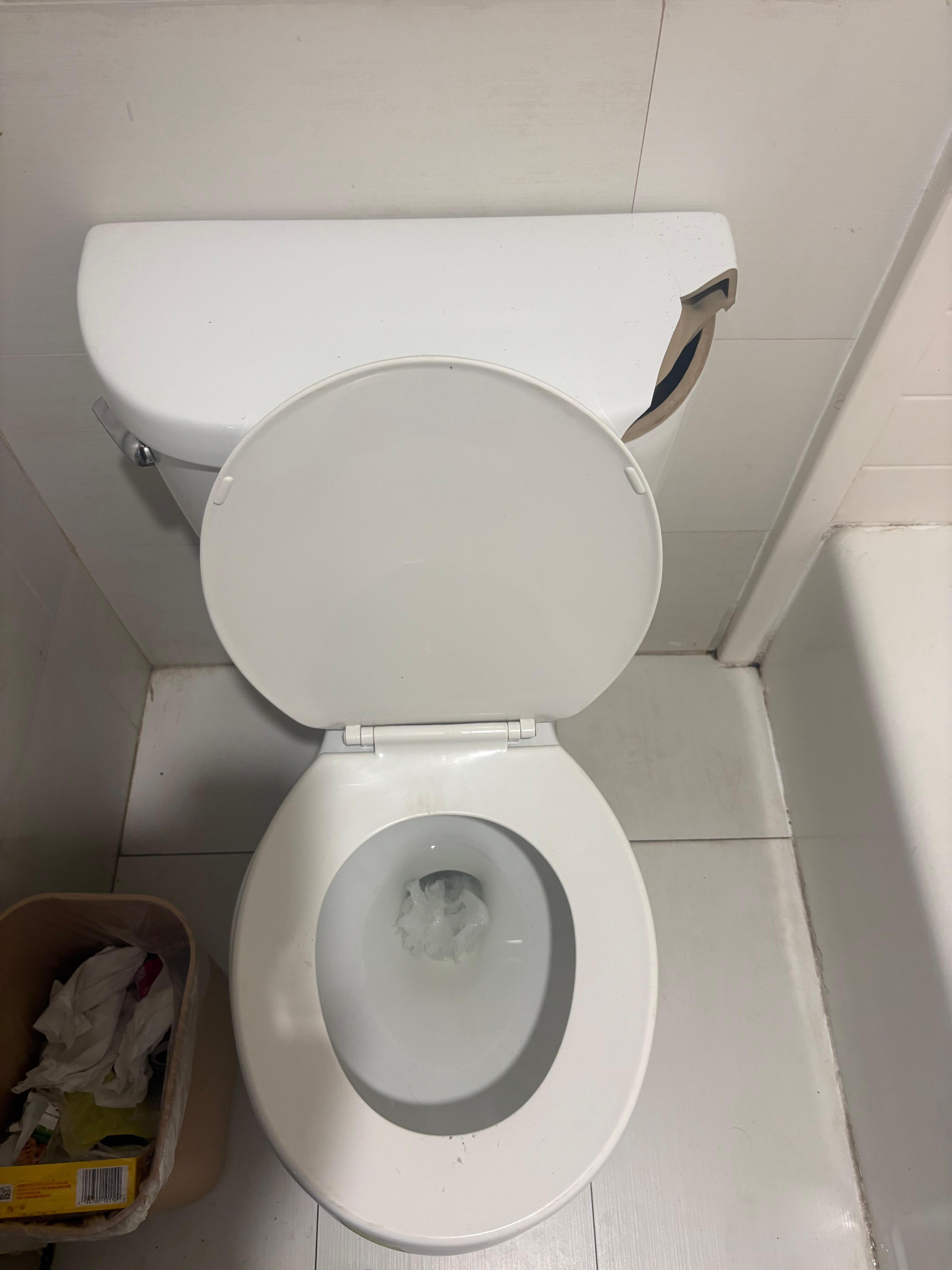 Shattered toilet with sharp edges
