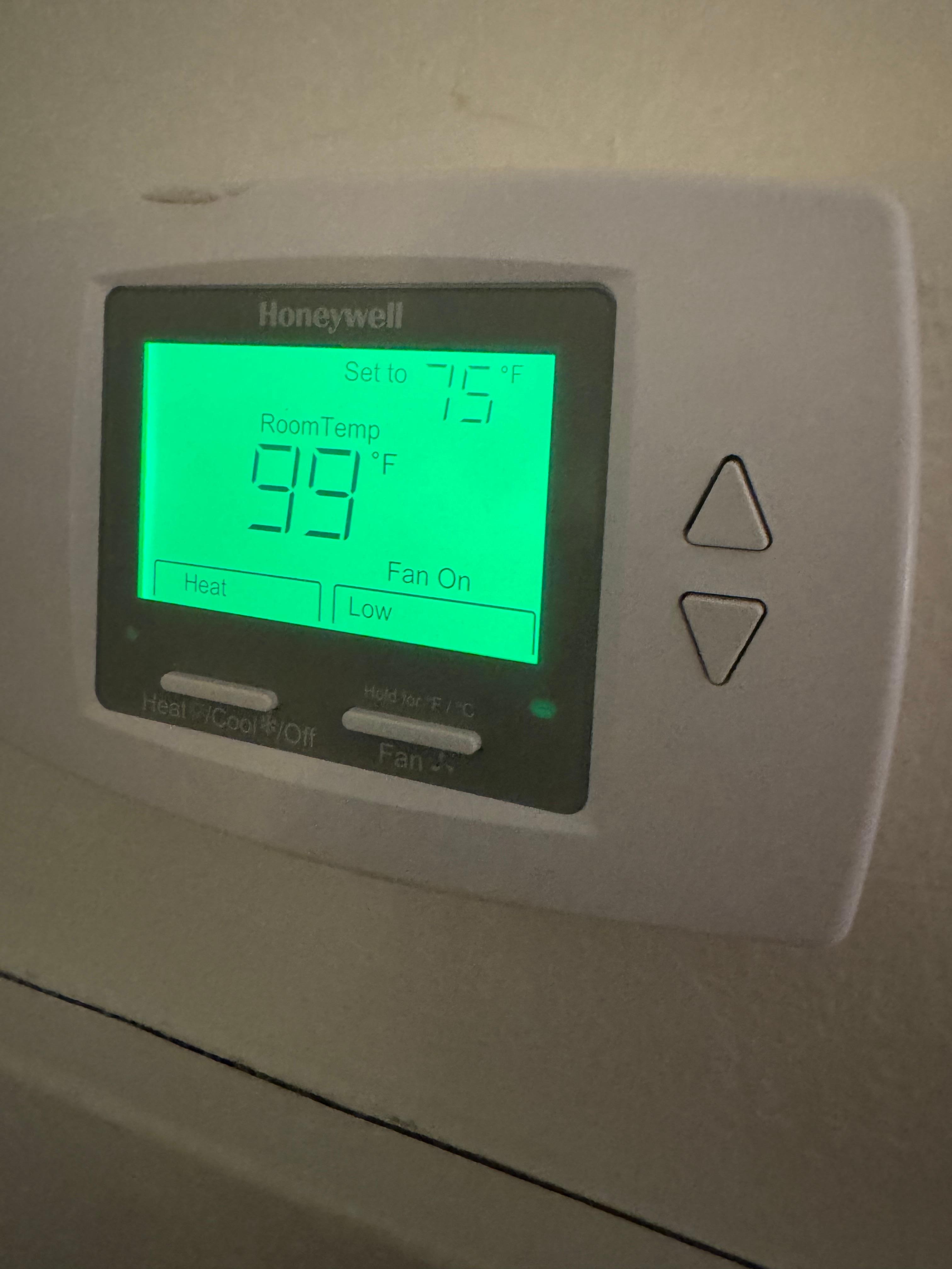 Room was at best 60 degrees and controller said it was 99. No way to turn on the heat. 