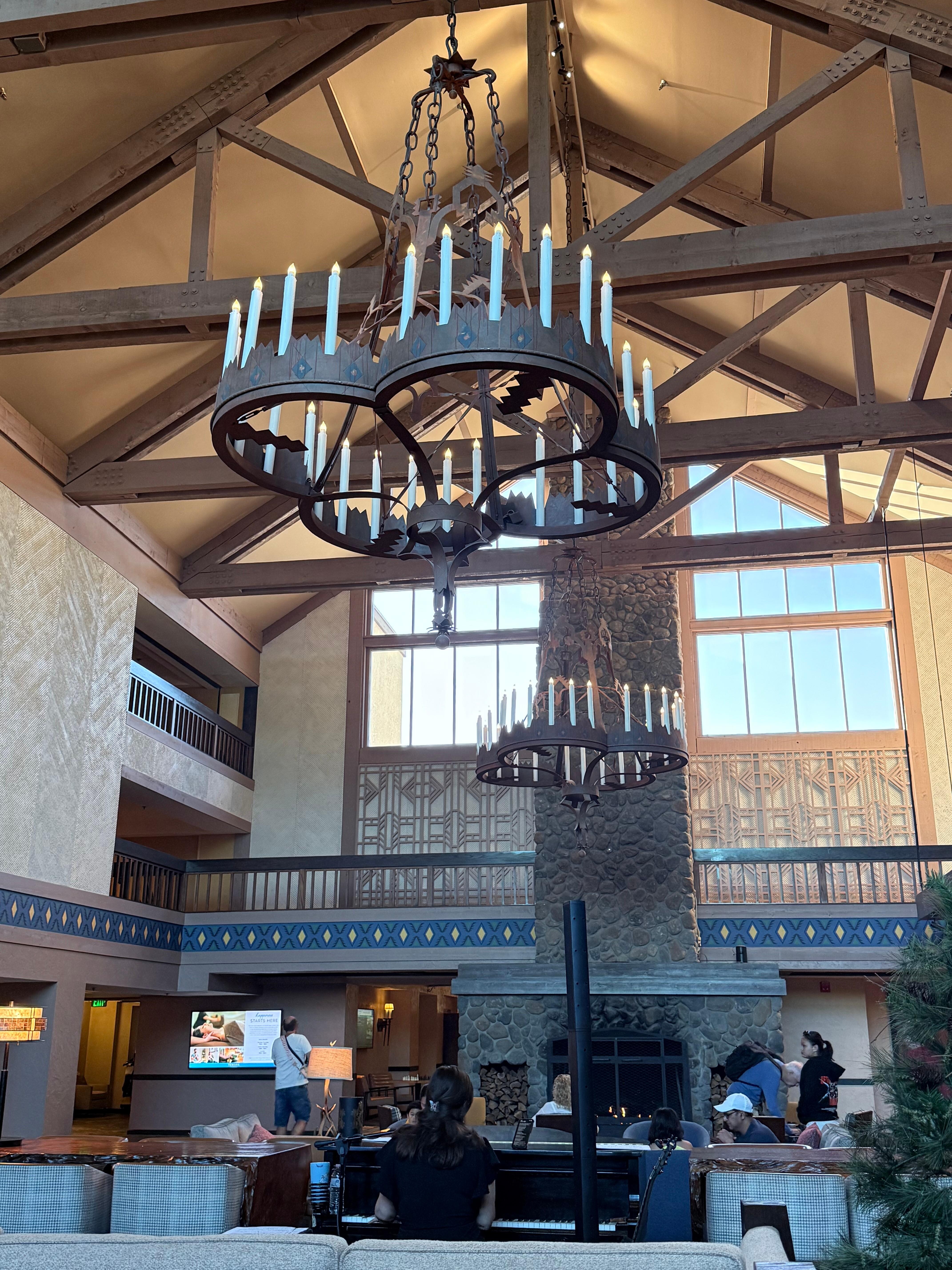 Lobby chandelier. Life music in the afternoon along with chess boards 