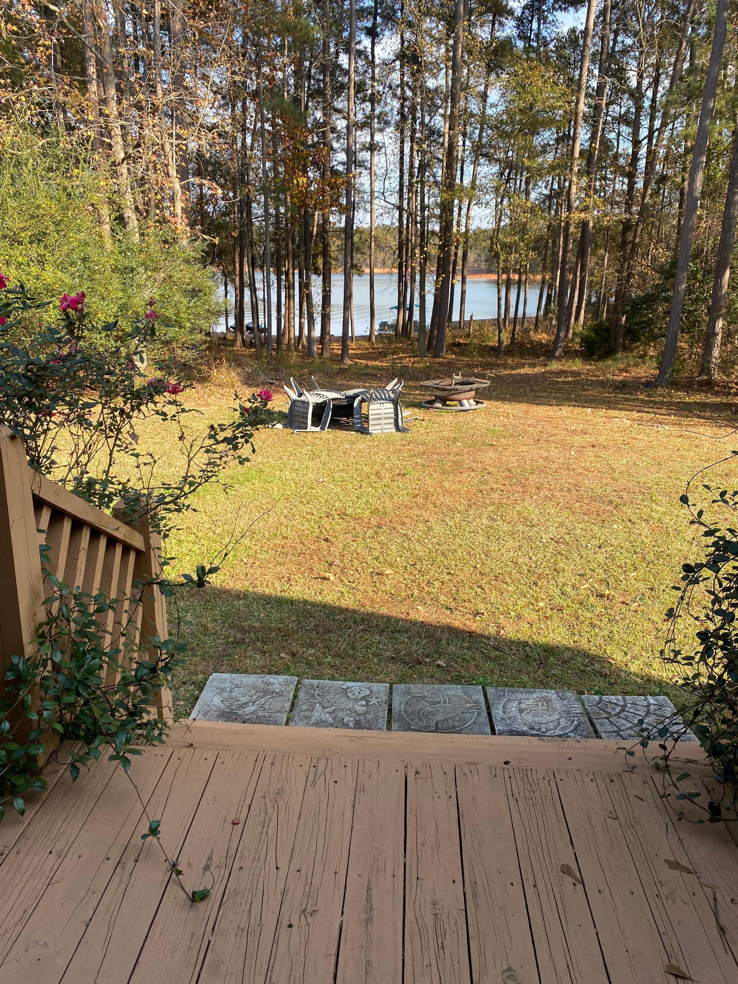 Beautiful view of the lake and fire pit.