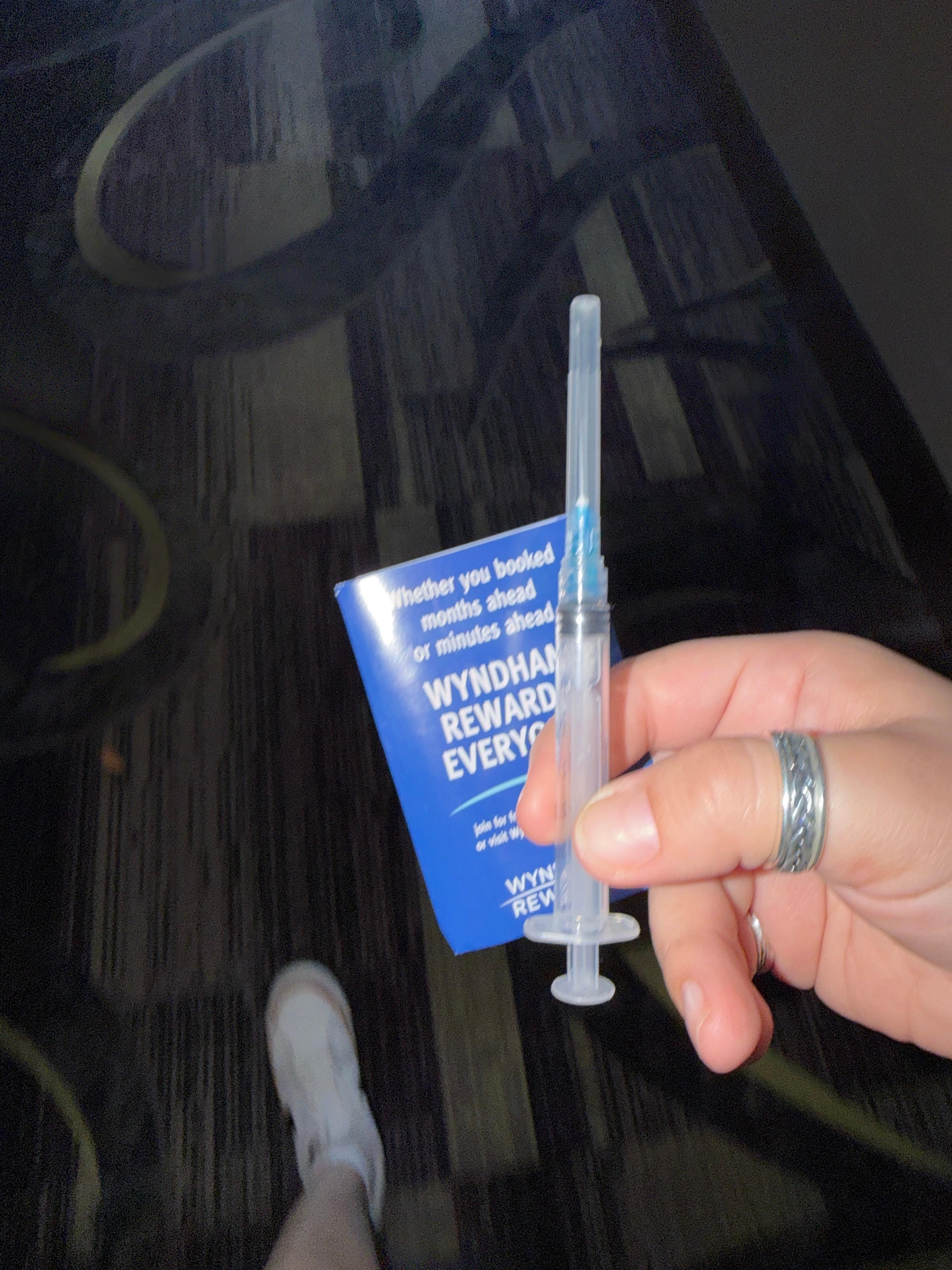 Used syringe and needle I found in the room the day of check out. Took the photo as I was walking to the front desk. 