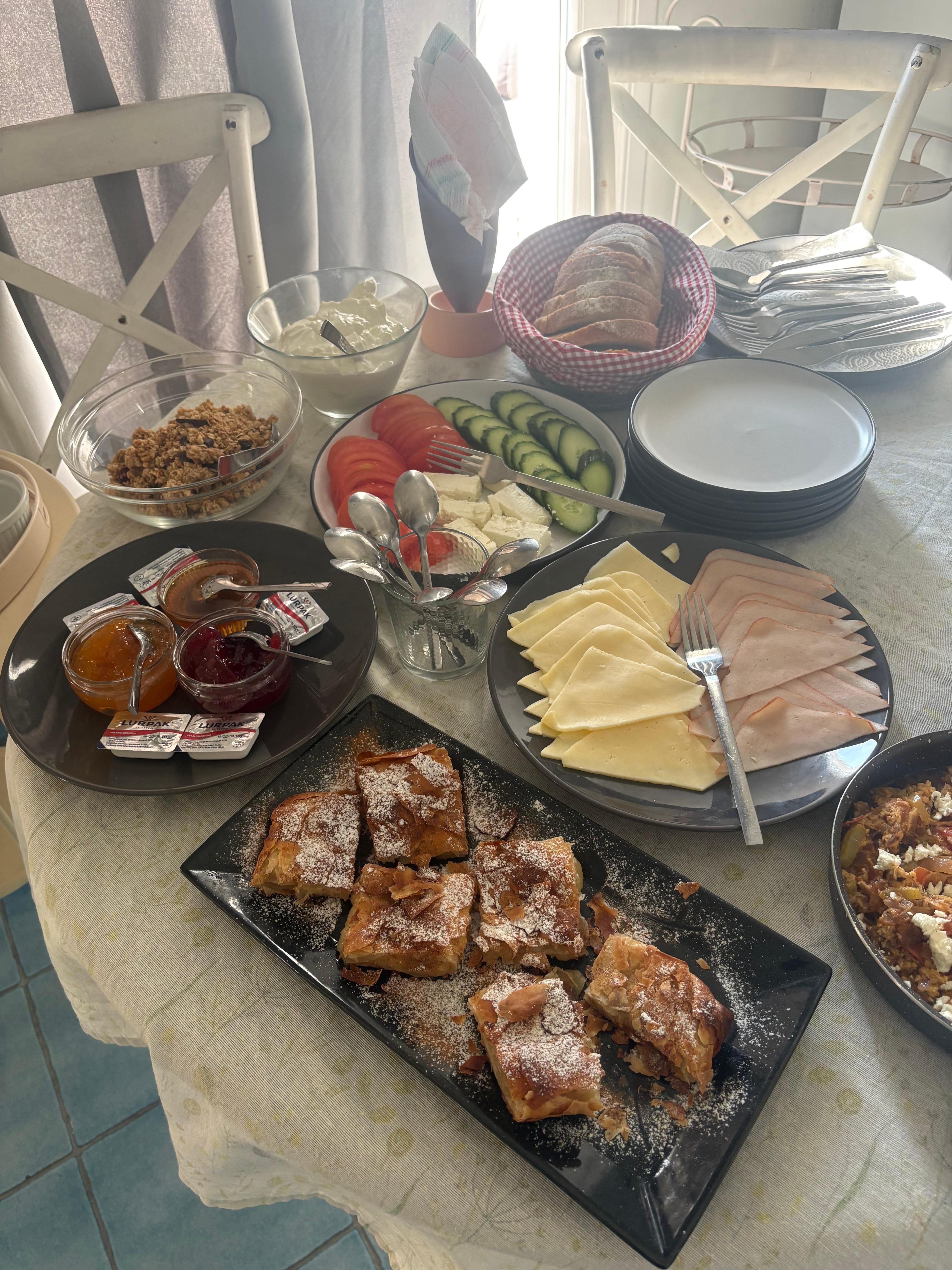 Breakfast spread for five - plenty of food for all, and they ask about allergies in advance