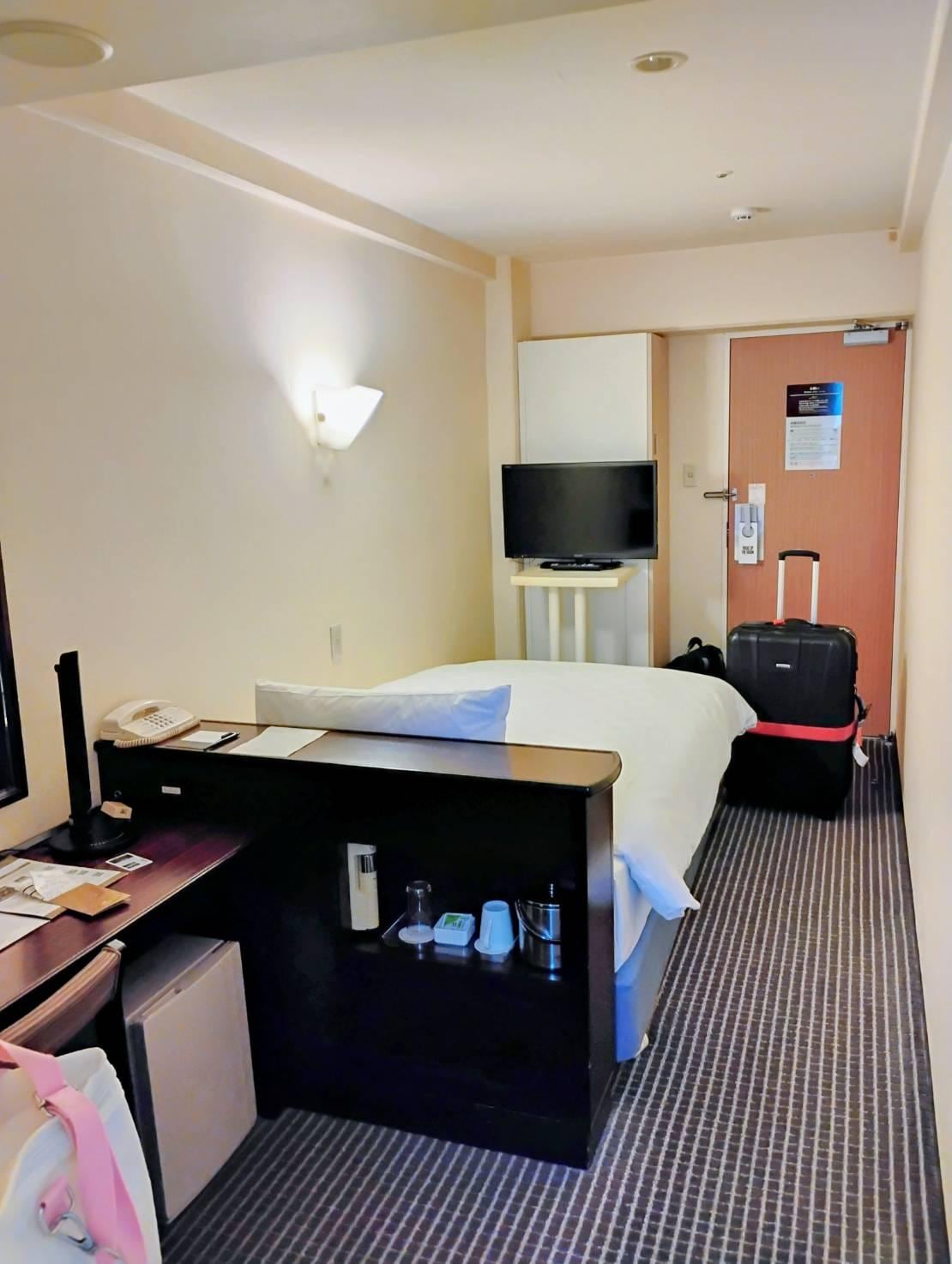 The room is not big but if your are under 6'2" and 250 lbs, you should be OK.  Unbeatable hotel location in Shinagawa!