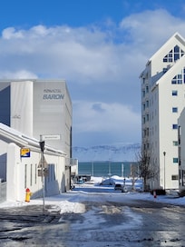 In front of the hotel, mountain view.