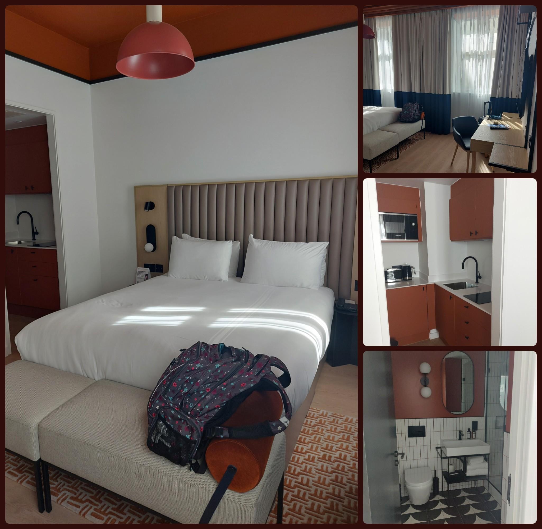 Hotel room plus a view of the kitchen and the bathroom