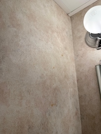 Blood on bathroom wall, left of wall mirror/sink.