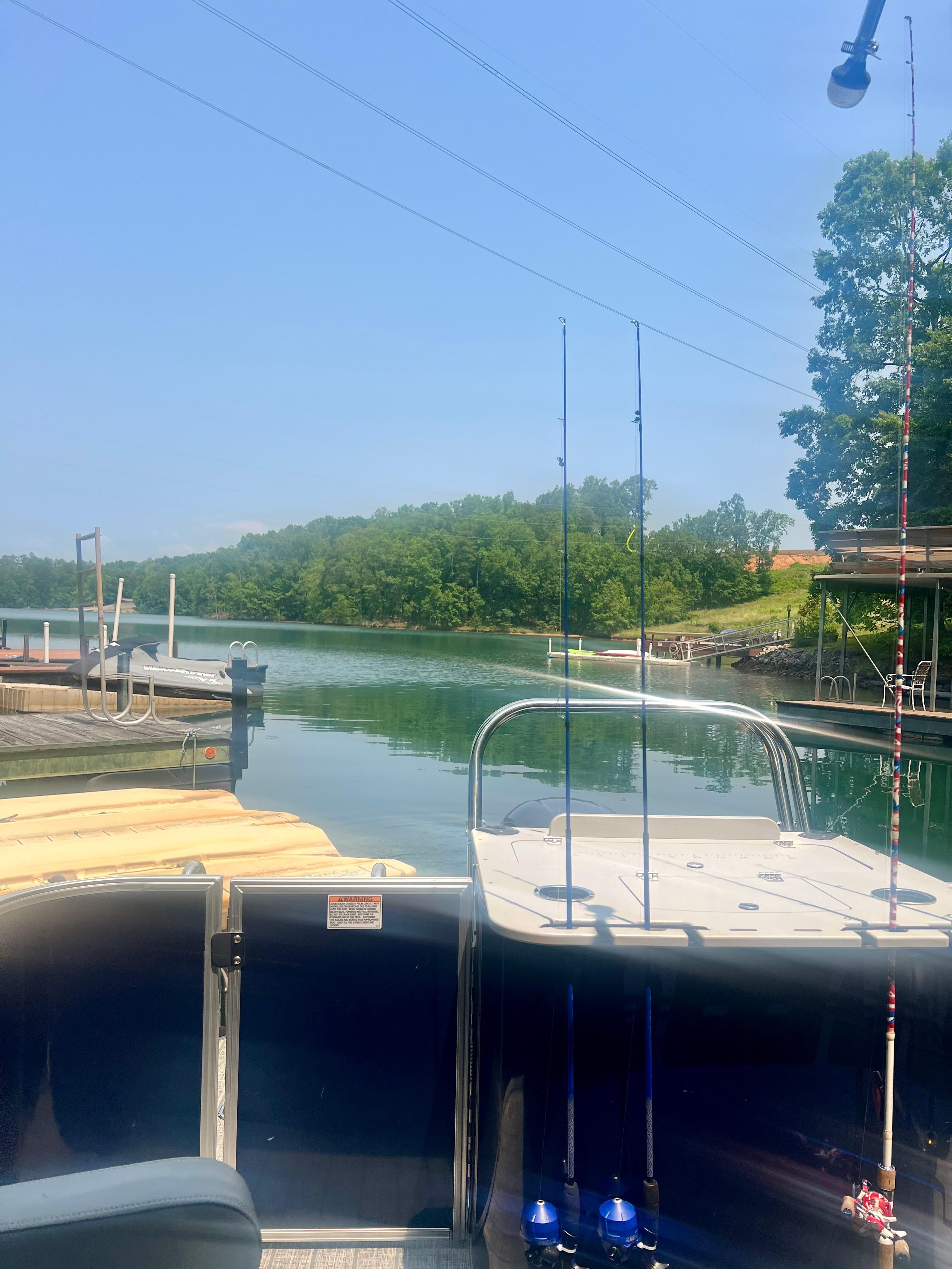 Our boat at the dock looking out over the cove.