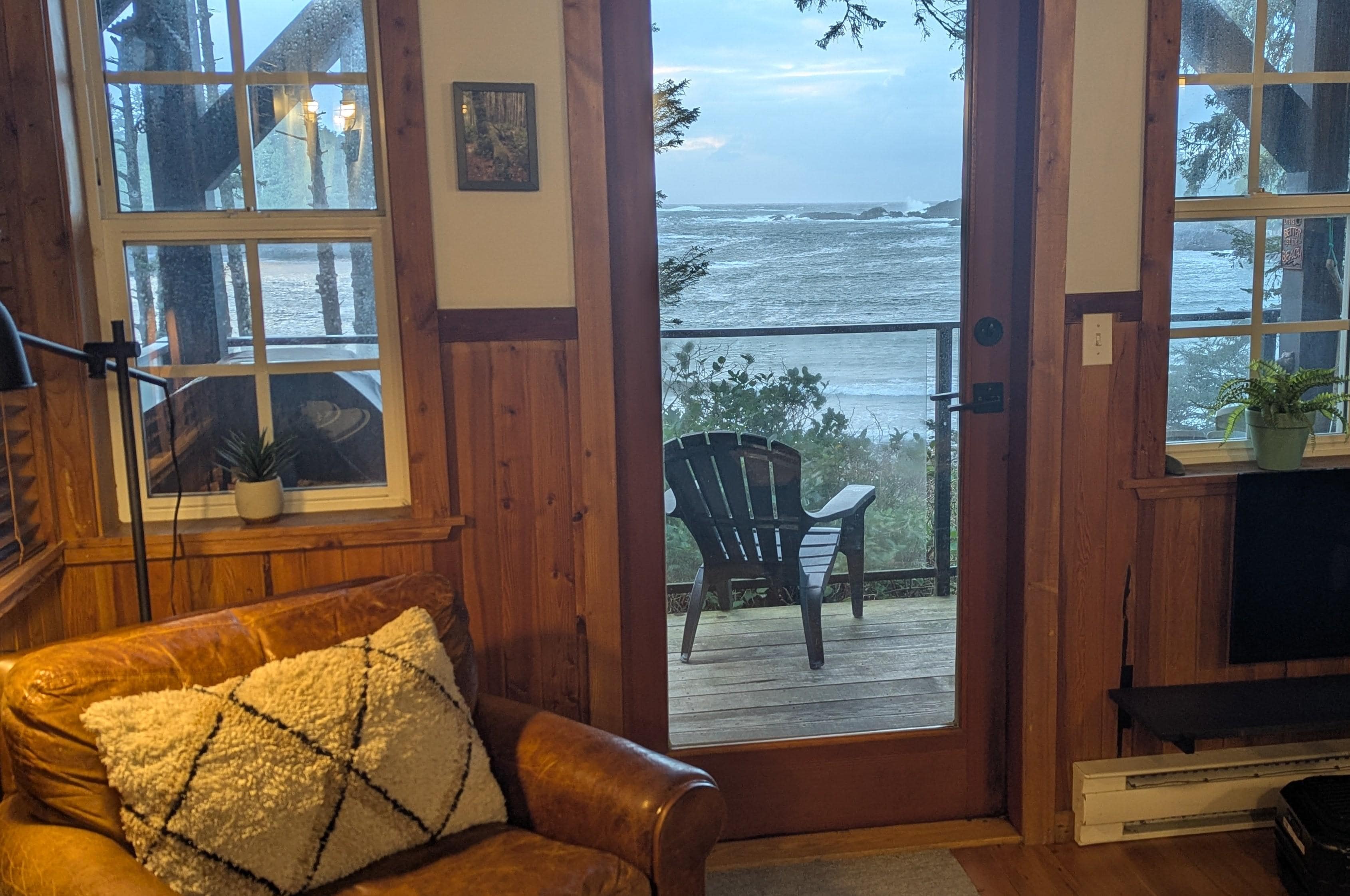 View out over Terrace Beach from the living room at Sitka cabin