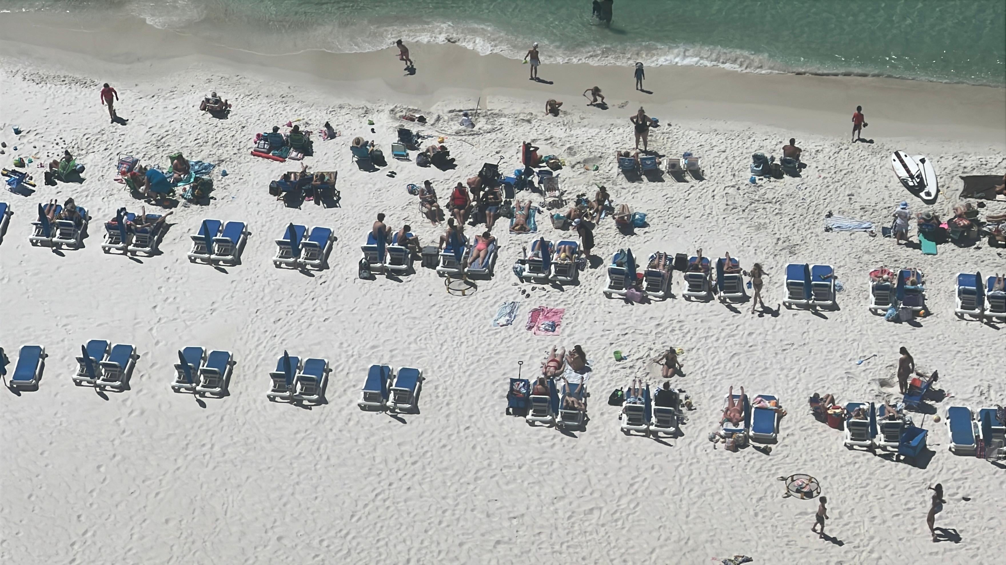 Looking down at beach from the balcony 