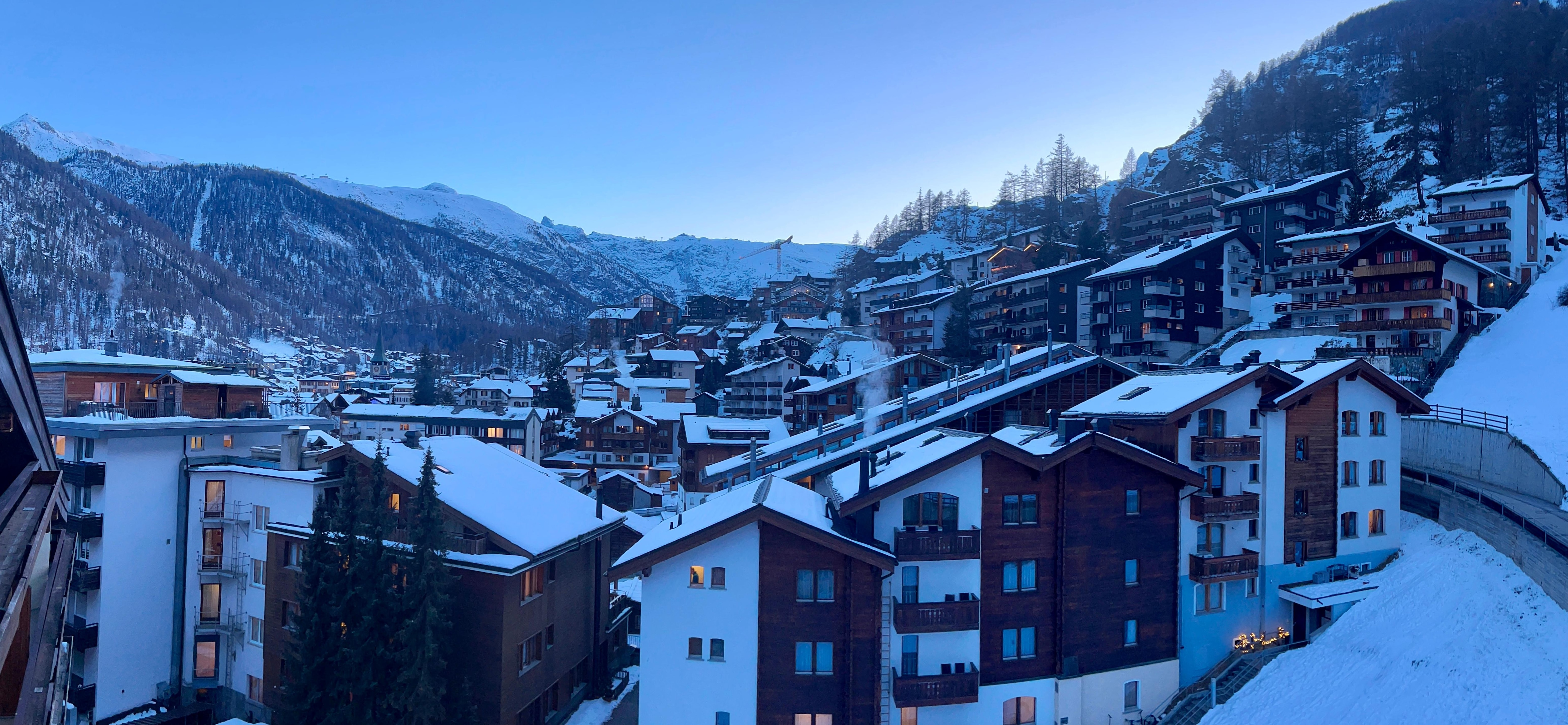 The view from our balcony (Rm 602) with a peek at the summit of the Matterhorn, top right of the picture. 