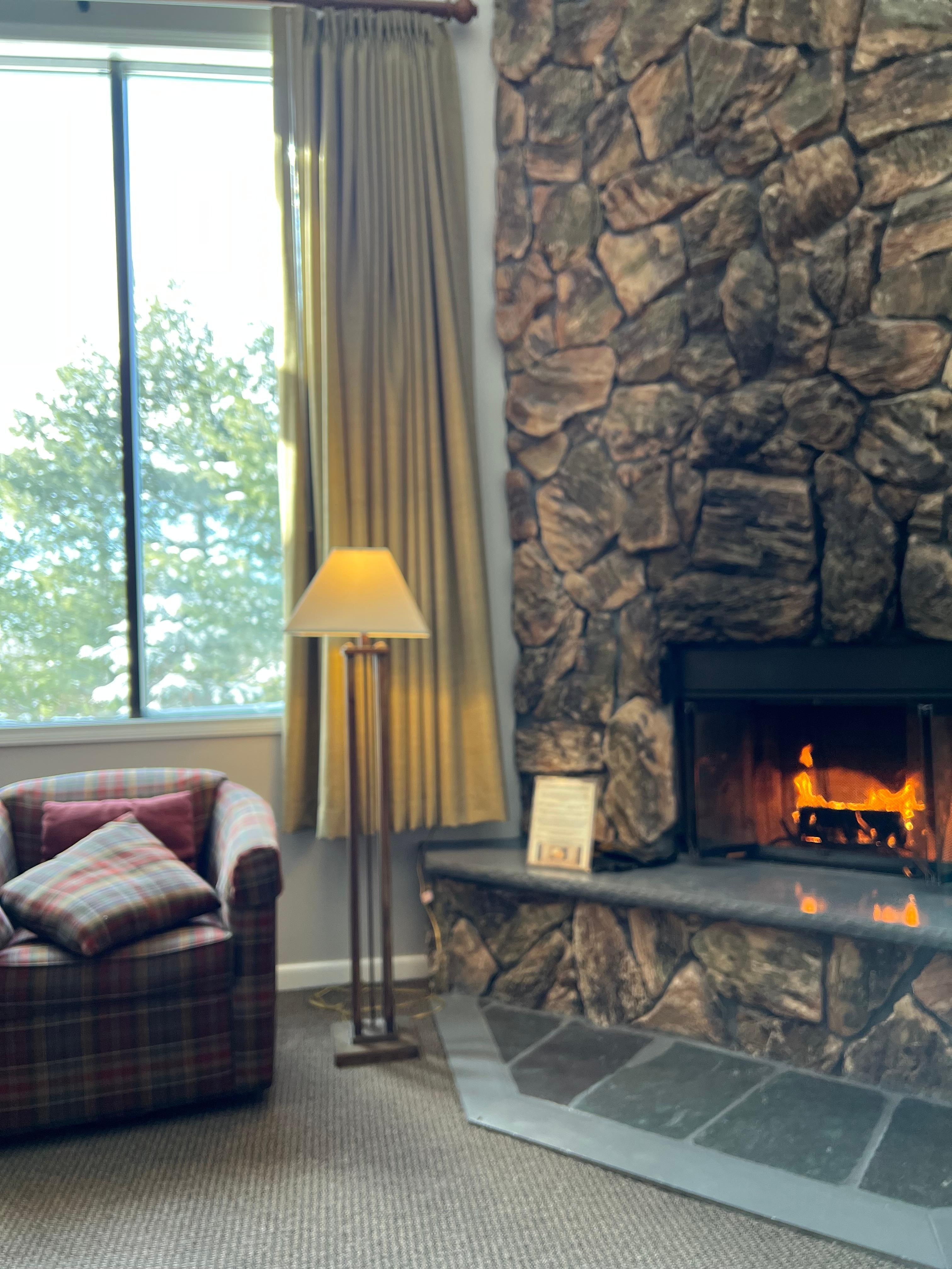 Beautiful fireplace with a huge picture window. 