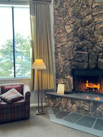 Beautiful fireplace with a huge picture window.