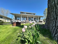 Tulips blooming near the shore of the lake.