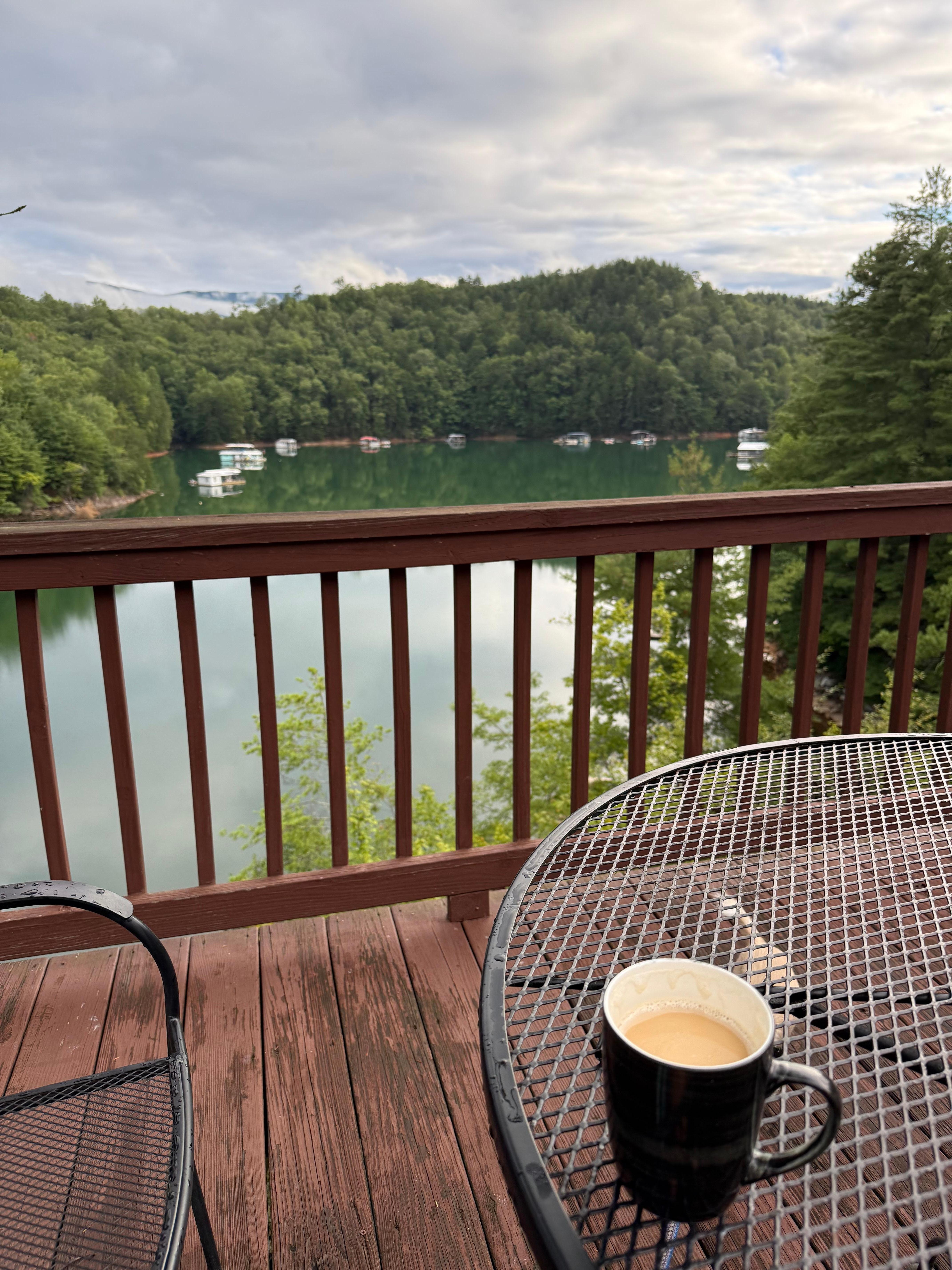 Coffee on the deck every morning watching Bald Eagles and other birds fishing for their breakfast. 