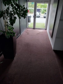 Entrée côté parking. Moquette tachée un peu partout.