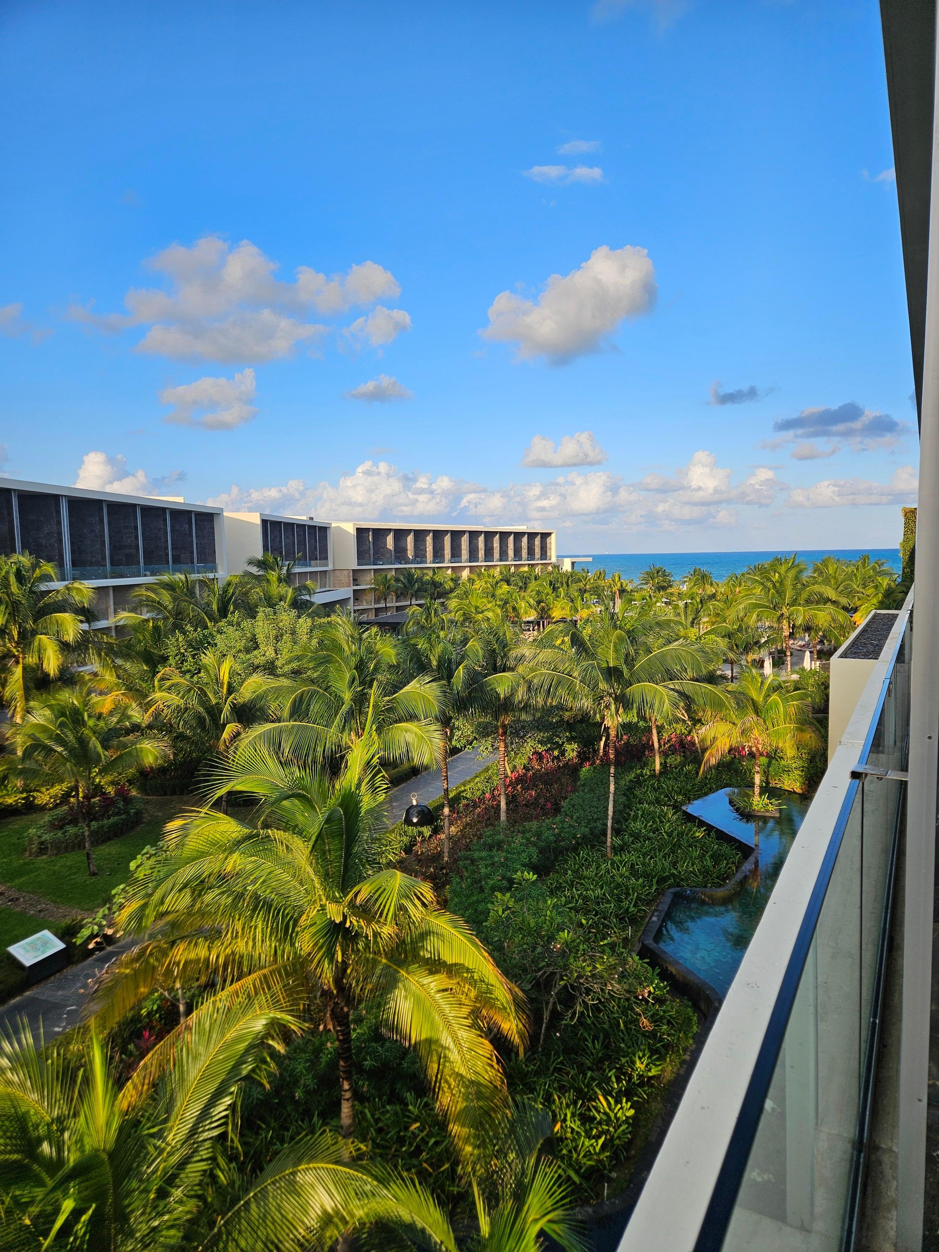Veiw of the central courtyard and pool area from my balcony, with the beach beyond.
