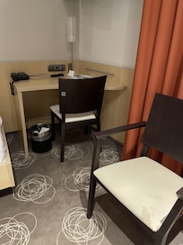 Work space and "Separate Seating Area" (according to description). Two basic straight-back chairs