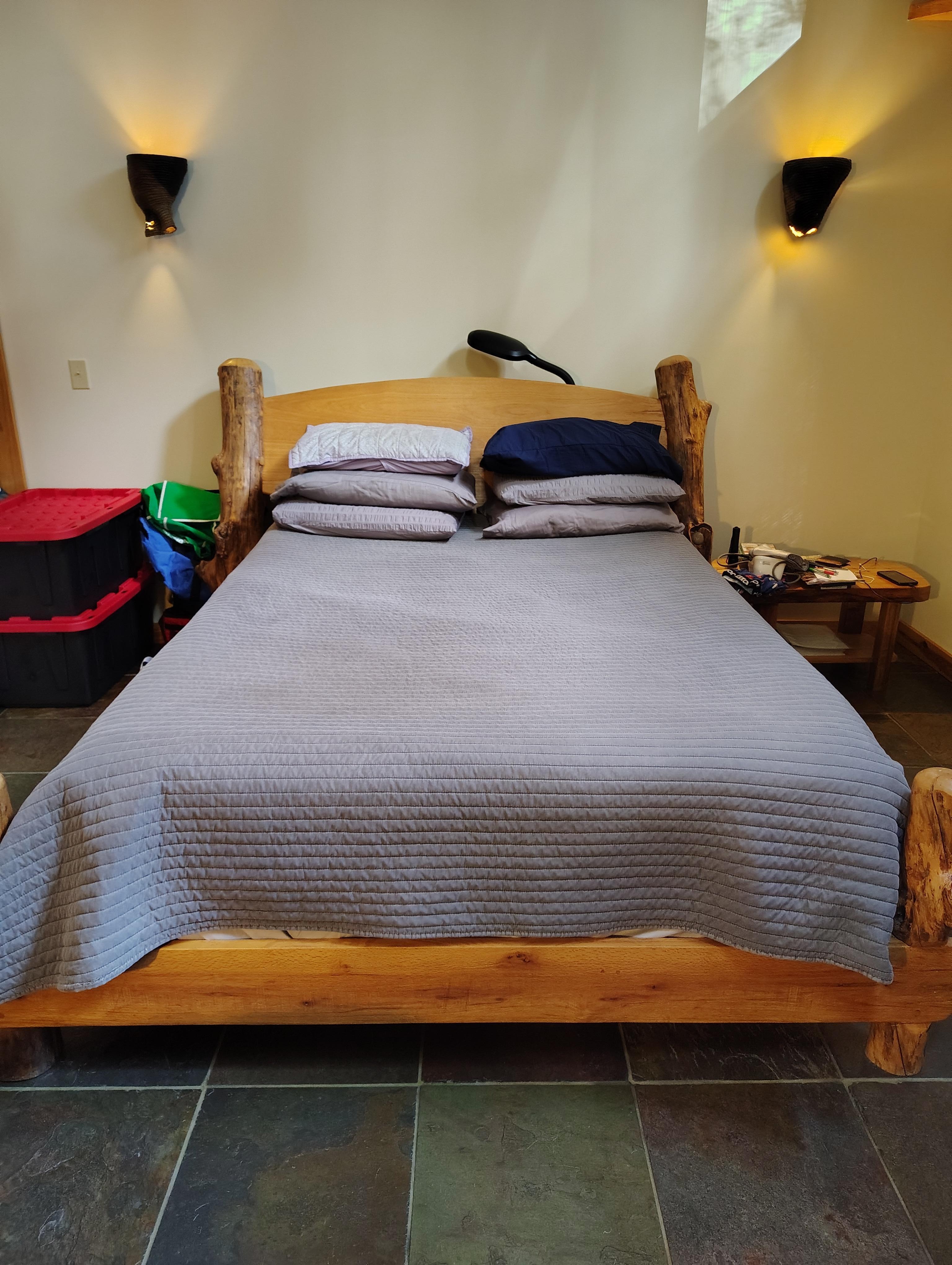 Bed was hand made, sturdy and comfortable.  I had back surgery previously and need this bed at home.  Lol