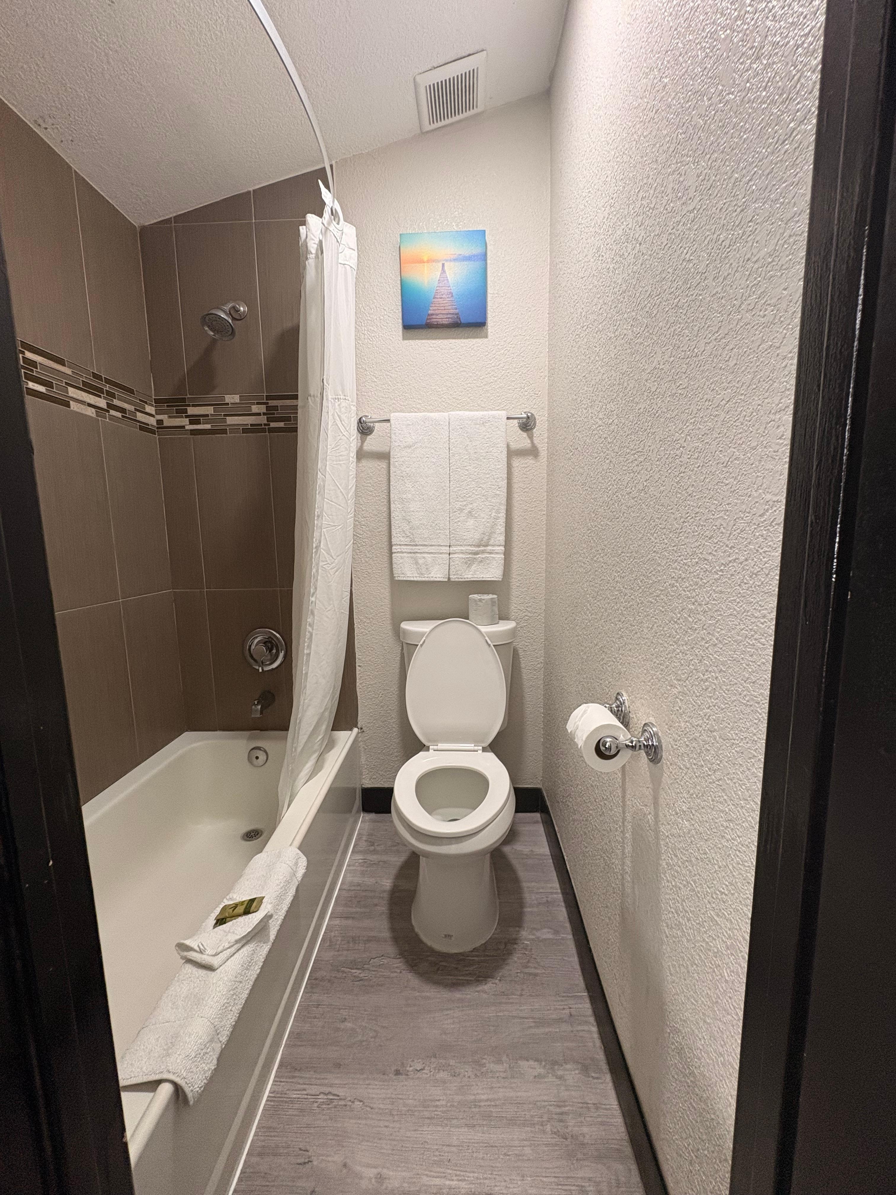 Super clean bathroom! Two body towels, two smaller towels, two hand towels. 