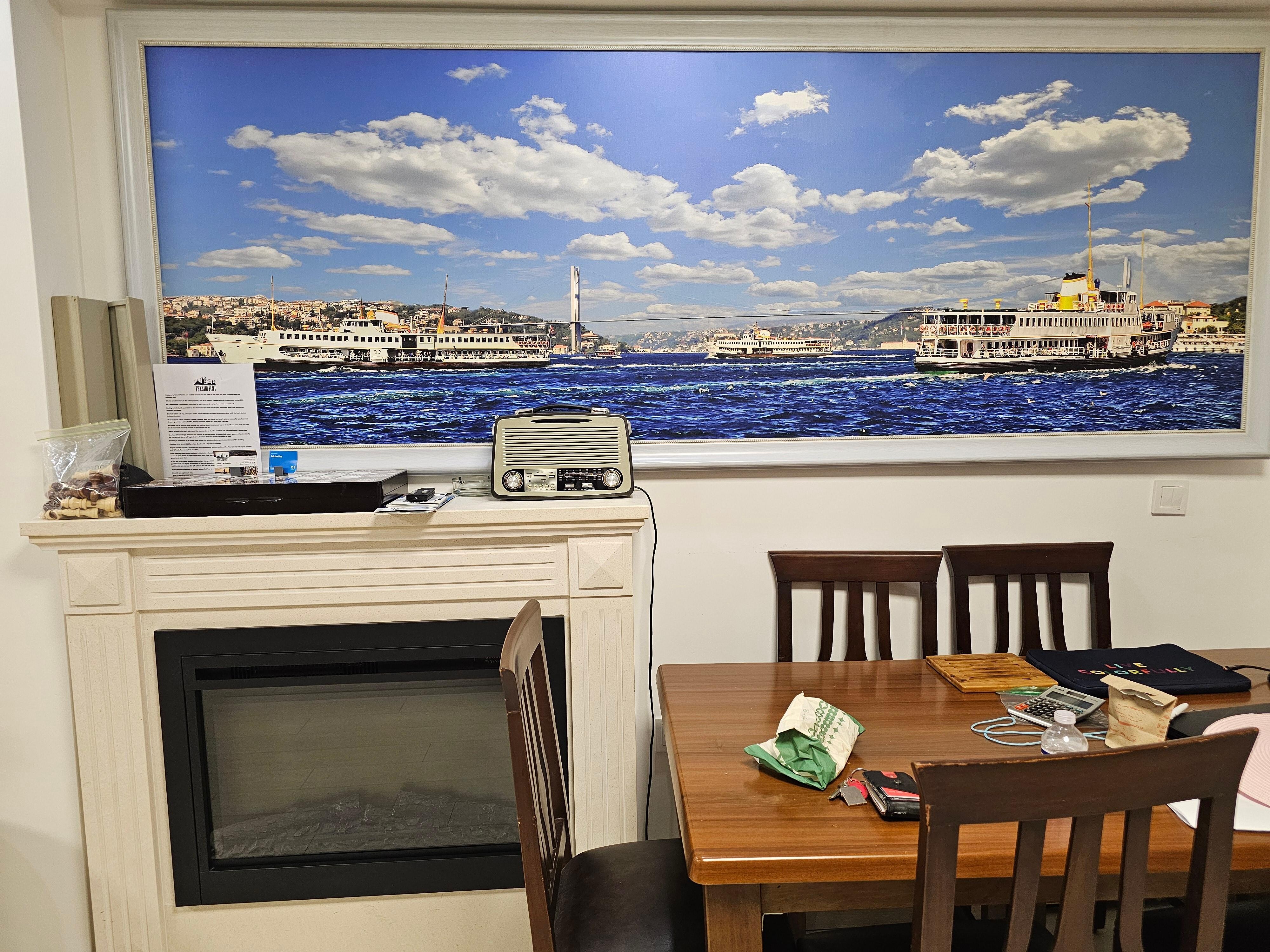 Has a fireplace and dining room table