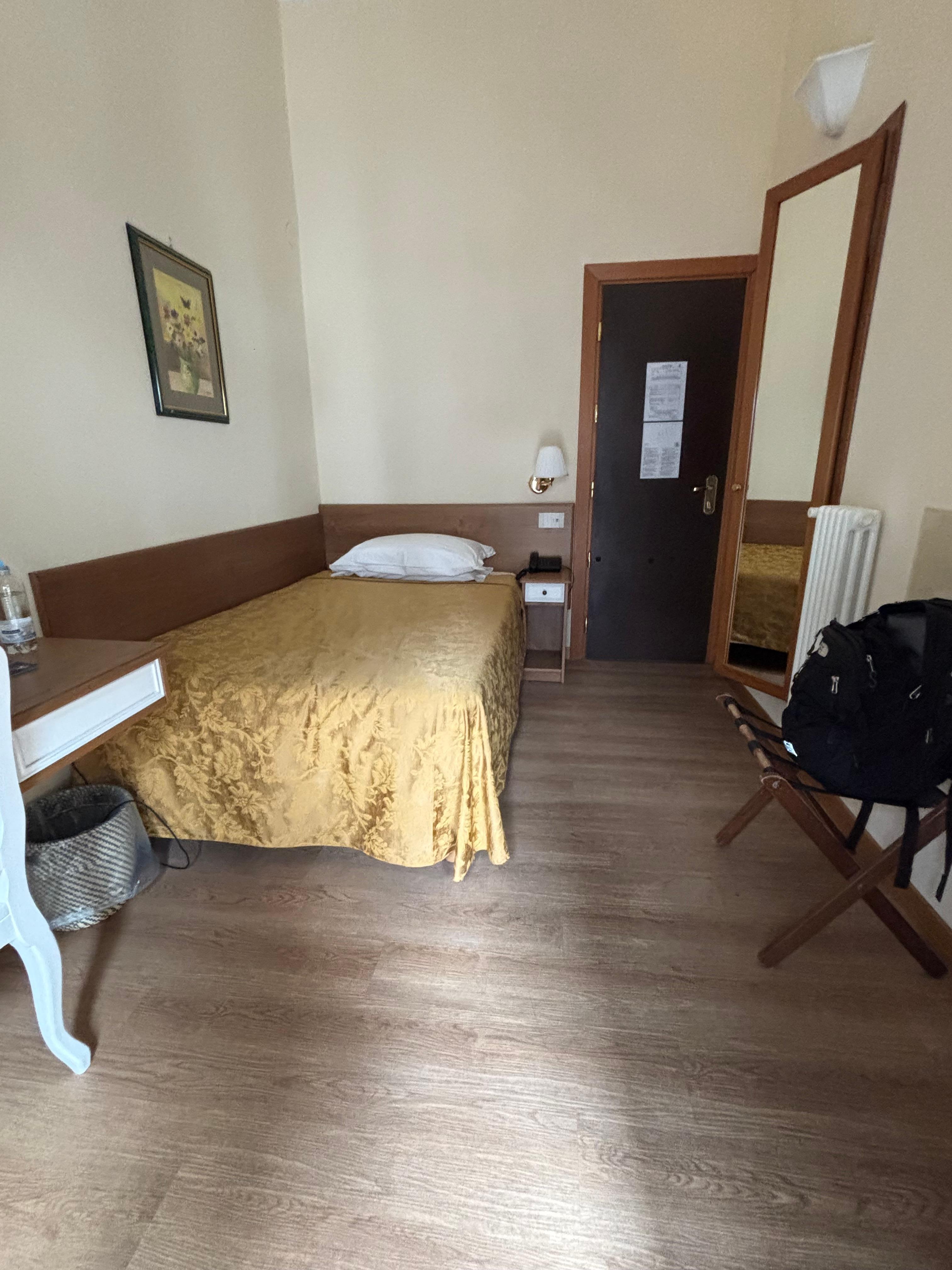 Small room but comfortable bed and decent closet and luggage rack.