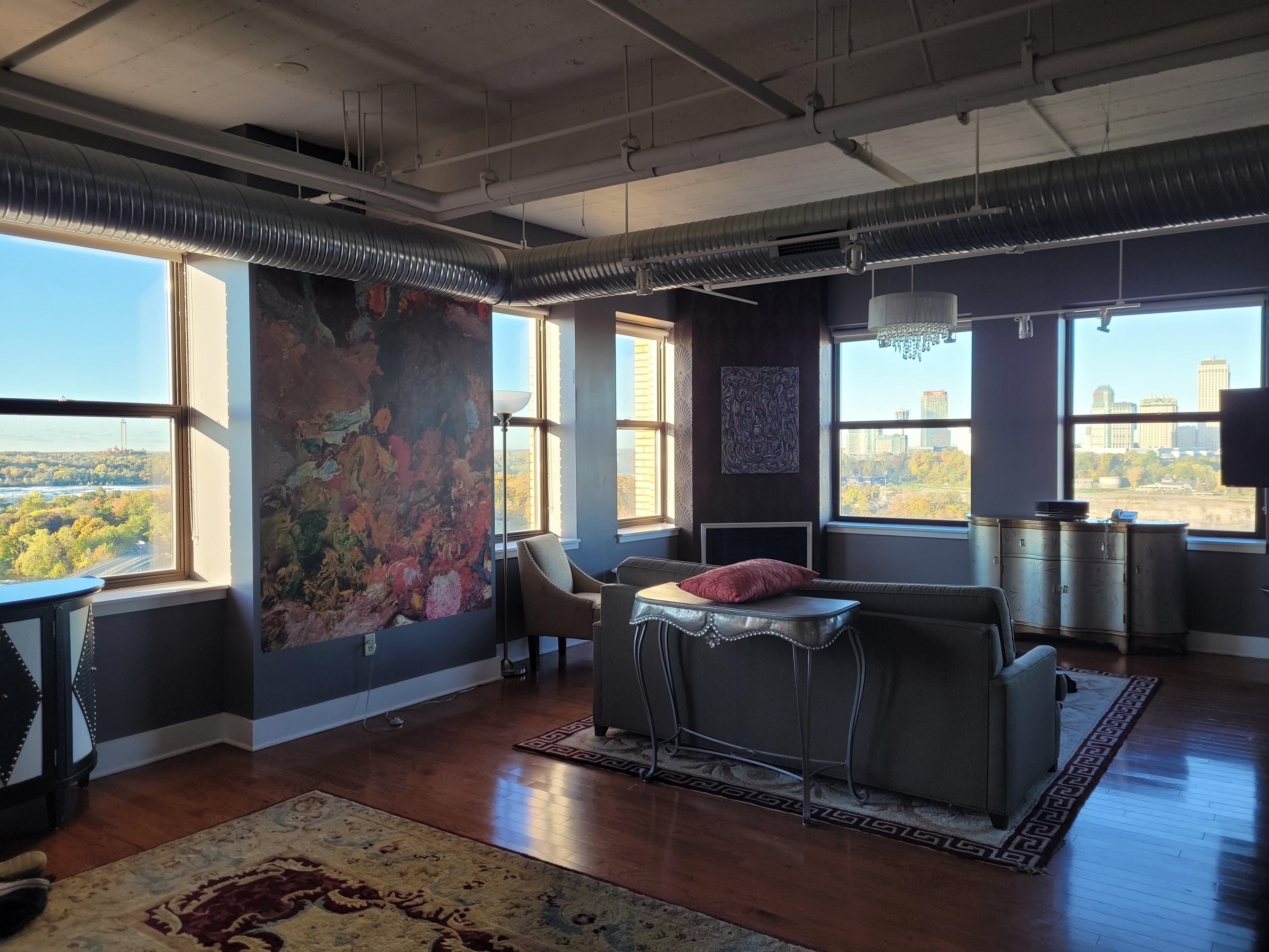 The main living area with views of Canada. 