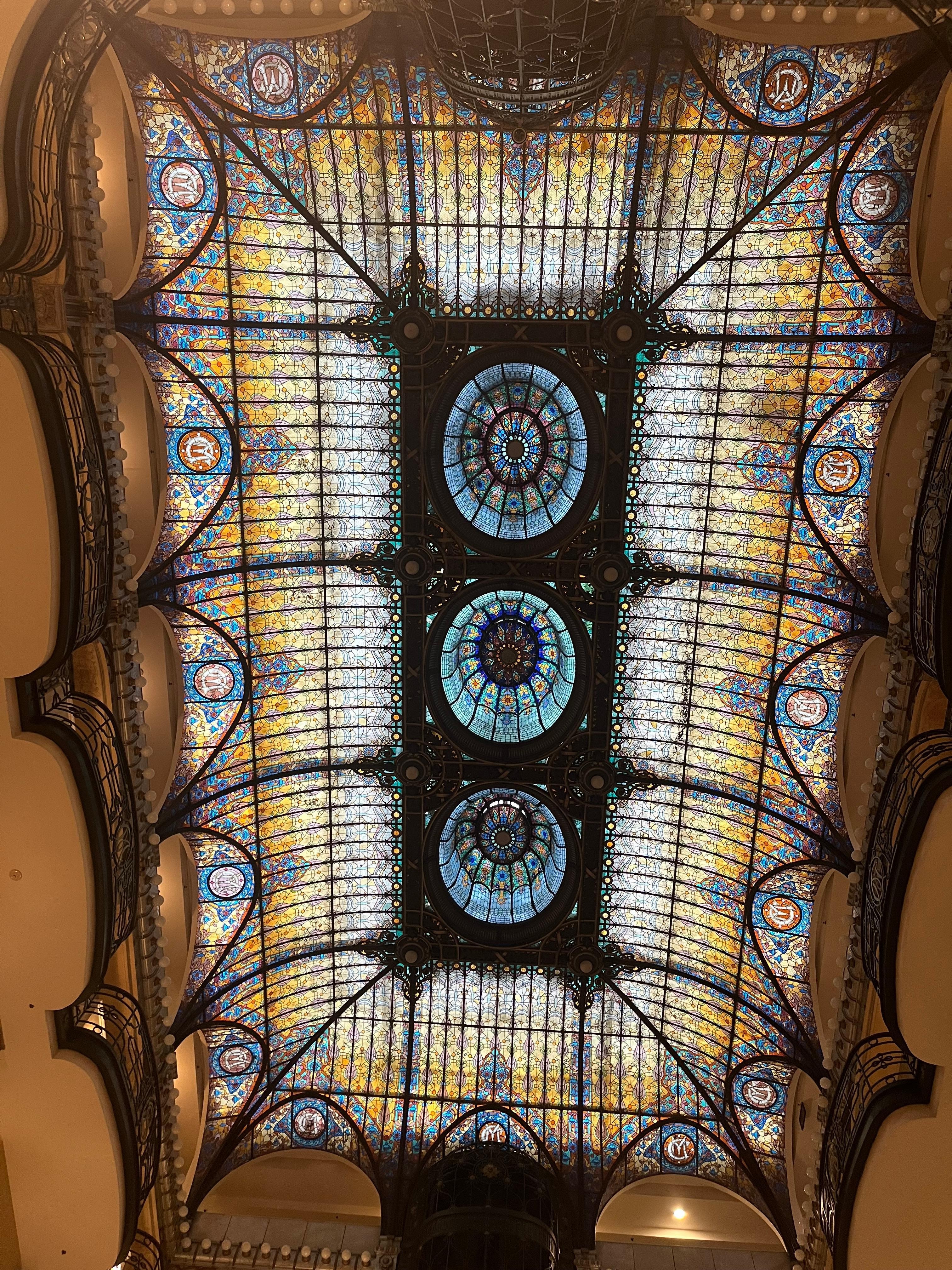 Incredible stained glass ceiling, view from lobby