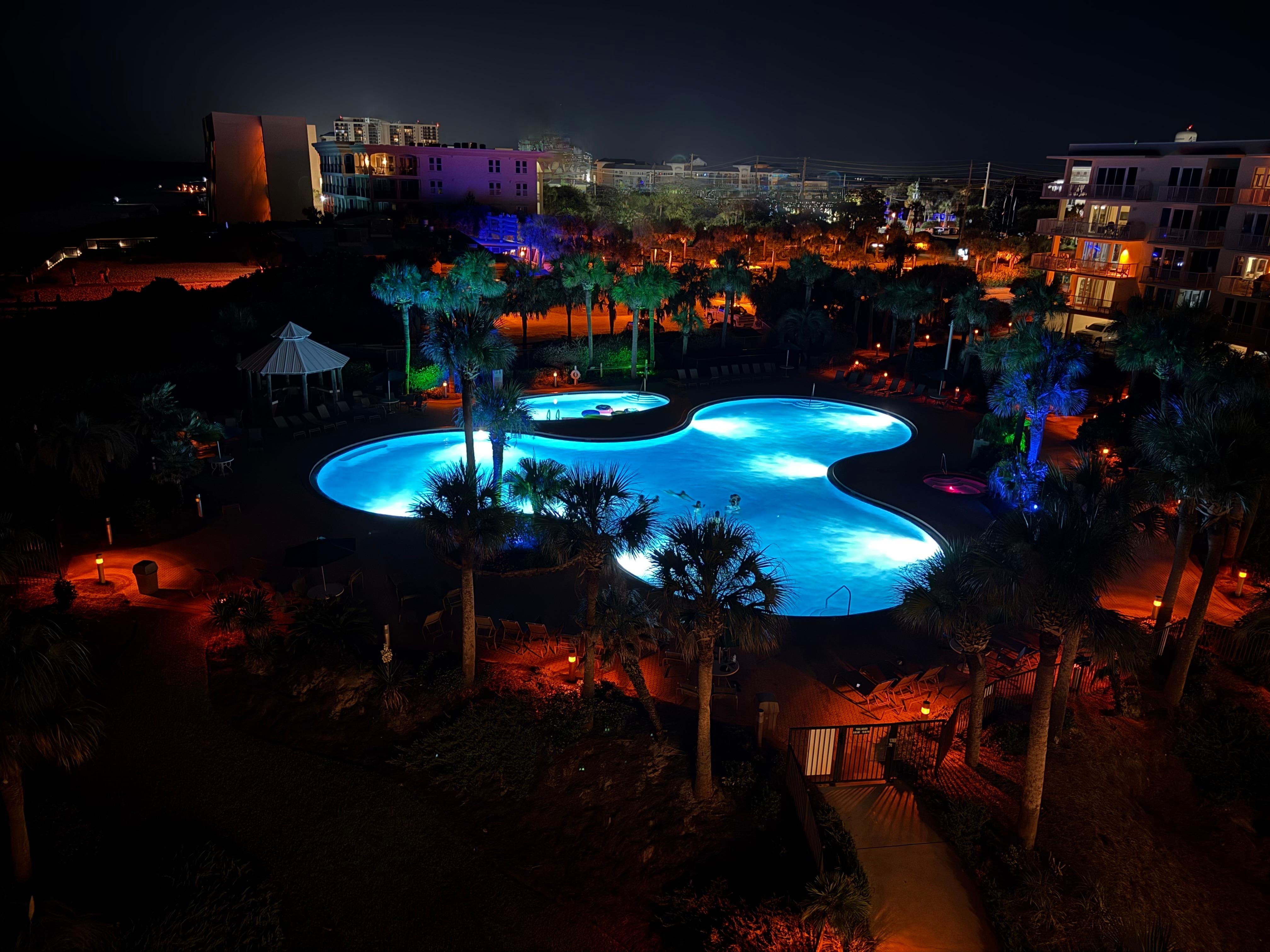night picture of the pool area
