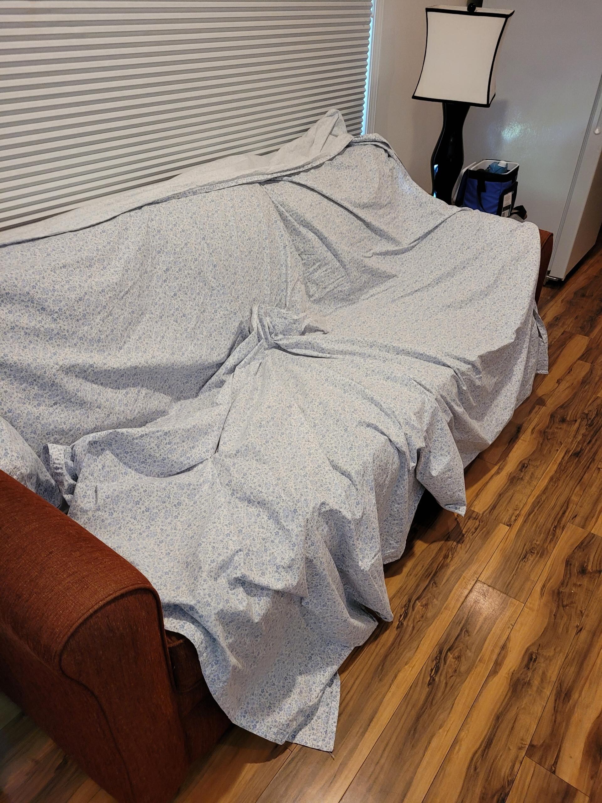 covered couch to sit to help alleviate family's dust allergies