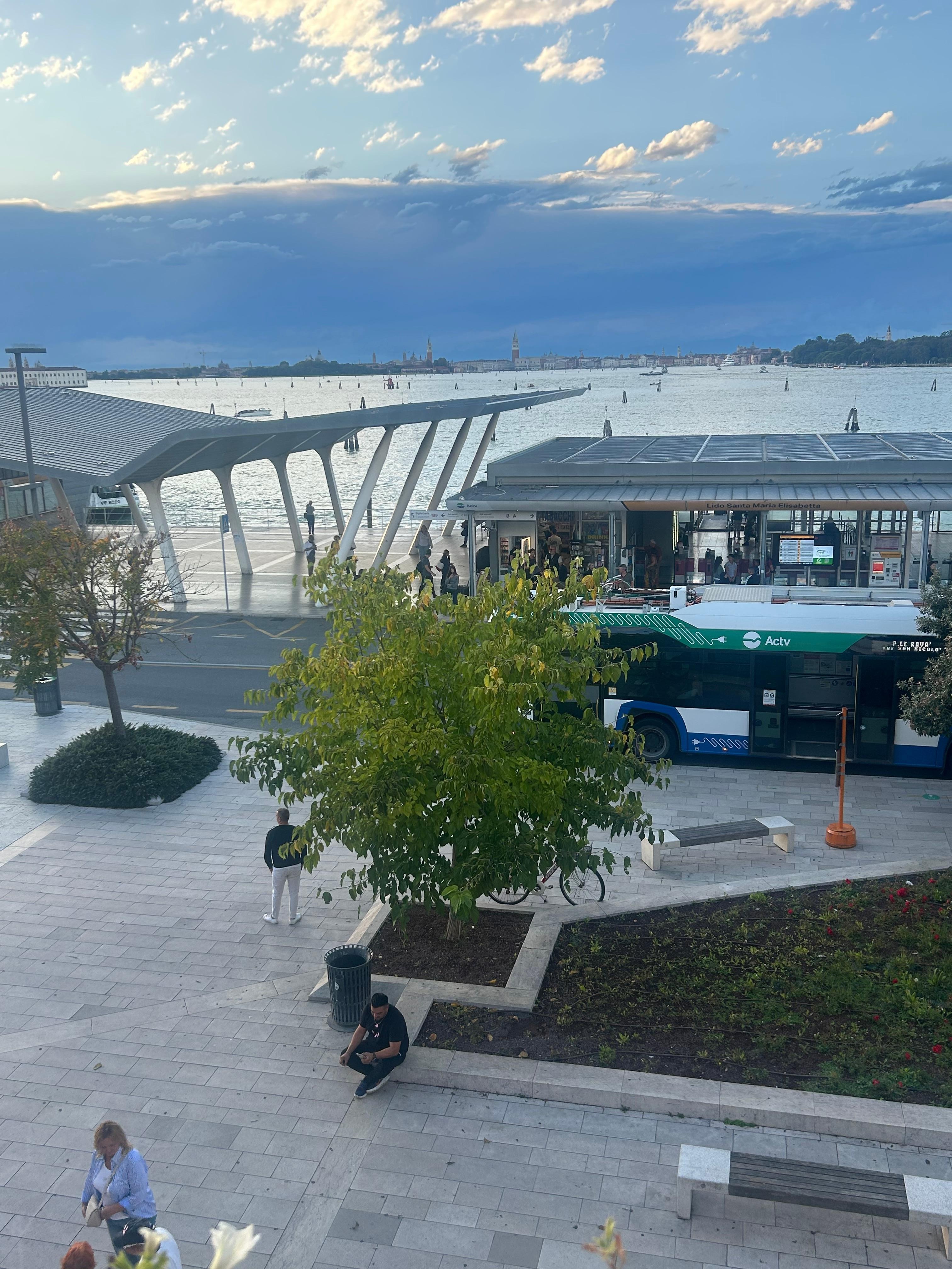 View from hotel window across the bus stop and water bus station. To get everywhere in Venice from Lido 
