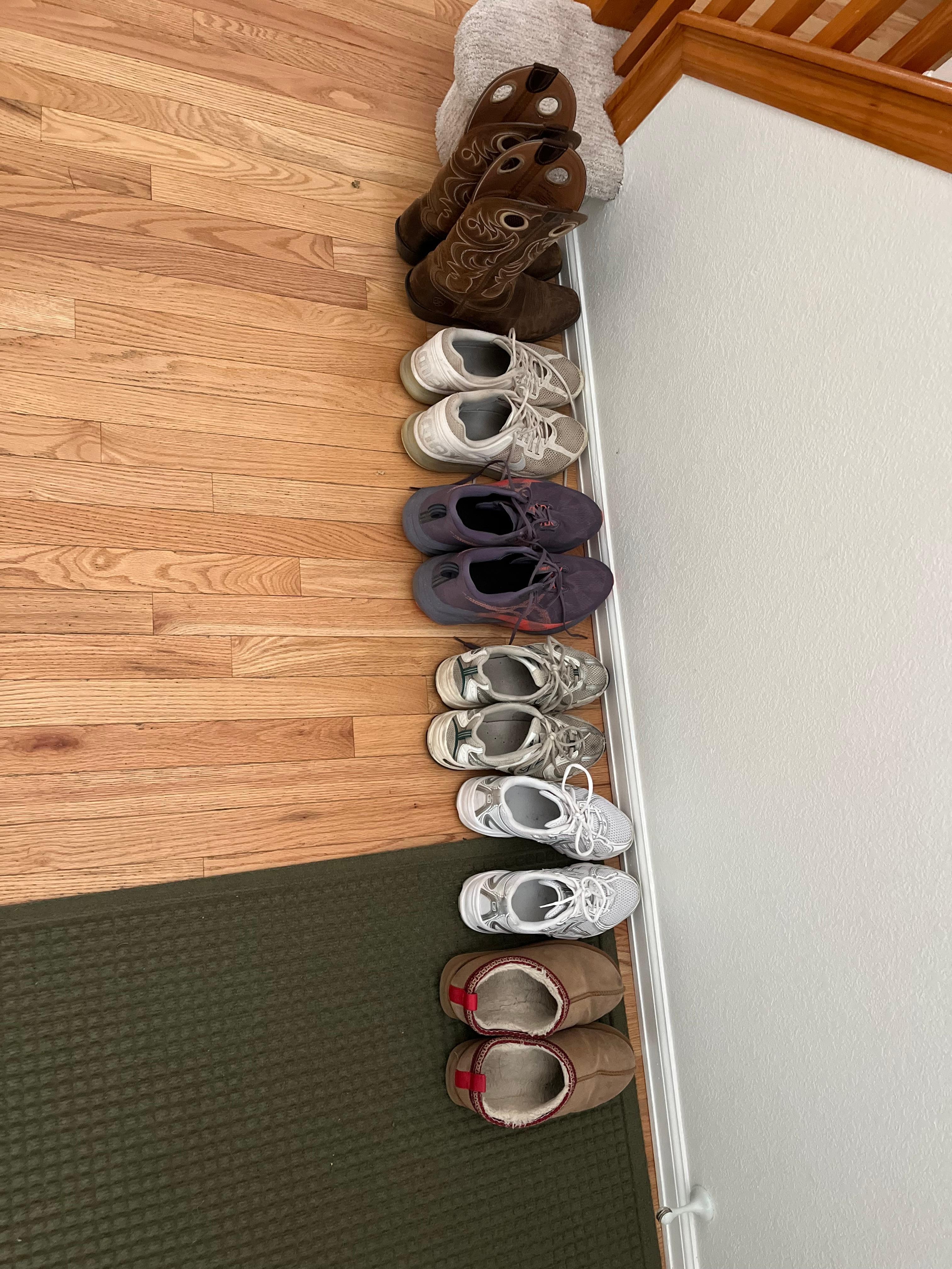 Took this pic after my son ran the Boulder Marathon he organized all the shoes and then rested.