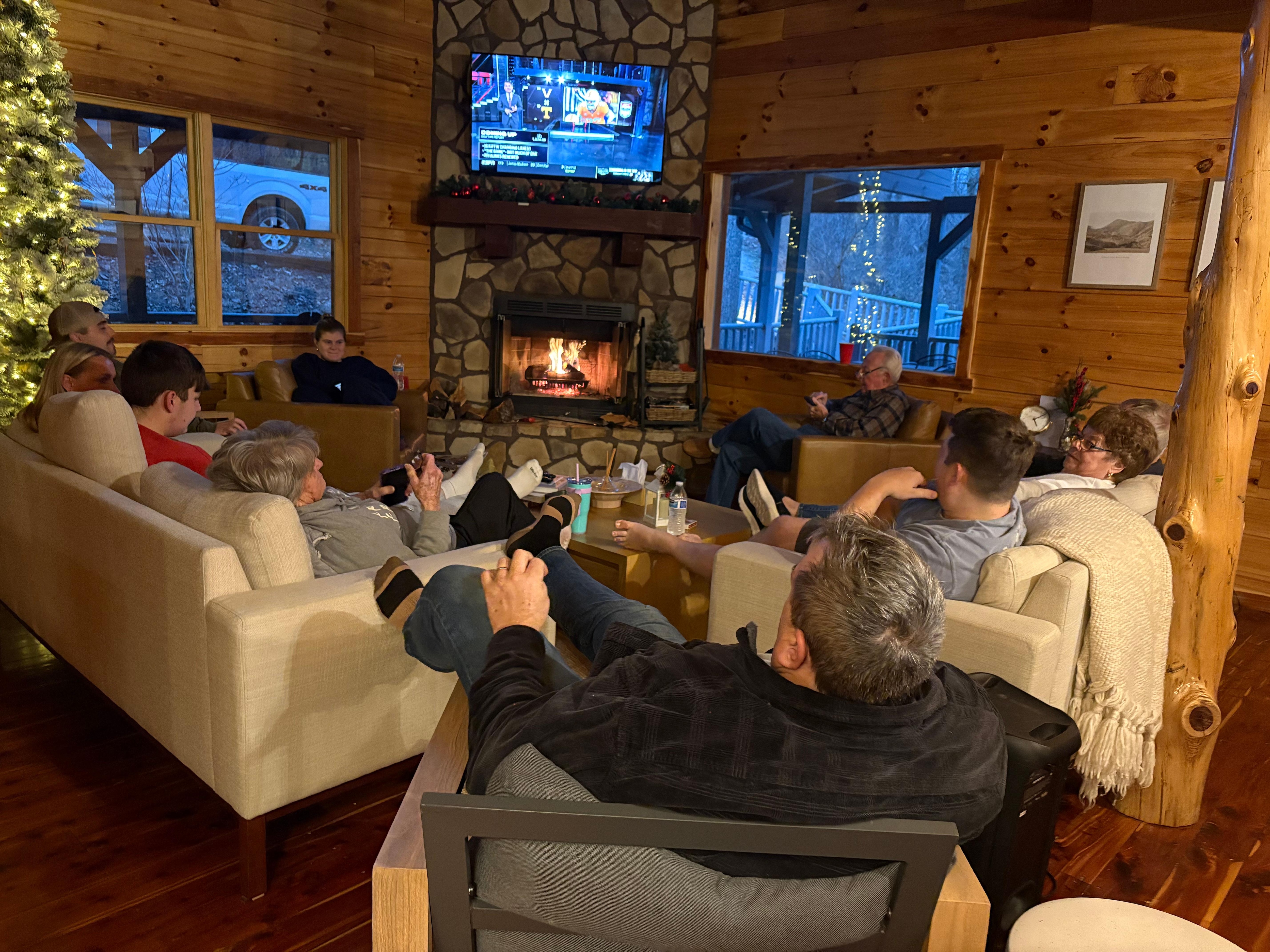 Outside chairs were used because we couldn’t go downstairs to watch our Christmas movie 
