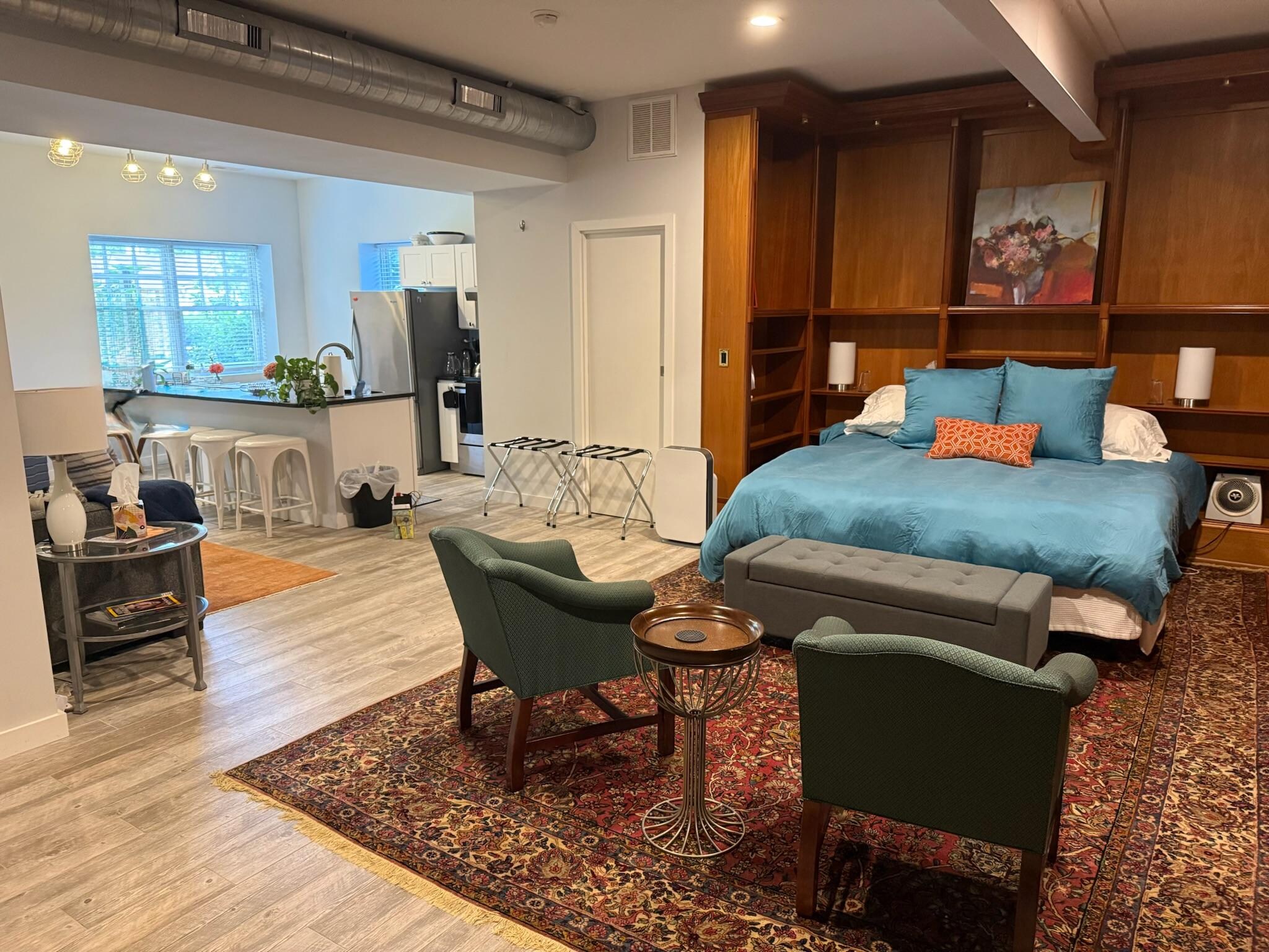 Bed & Kitchen (corner library view)